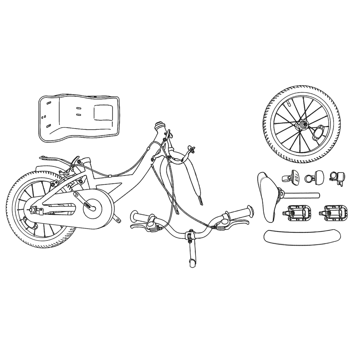 Draufsicht auf Fahrradteile: Rahmen, Rad, Sattel, Lenker, Pedale.