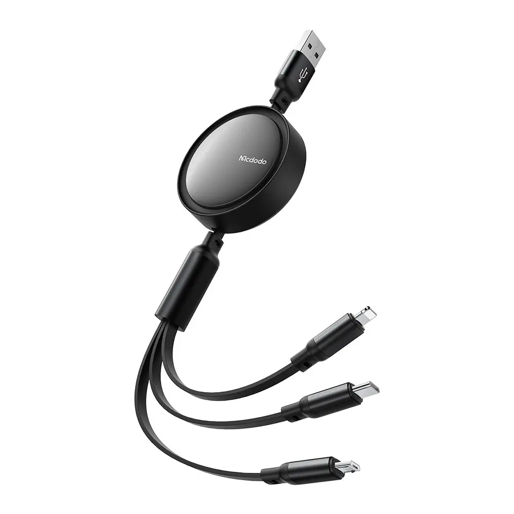 Üç konektörlü siyah geri çekilebilir USB şarj kablosu.