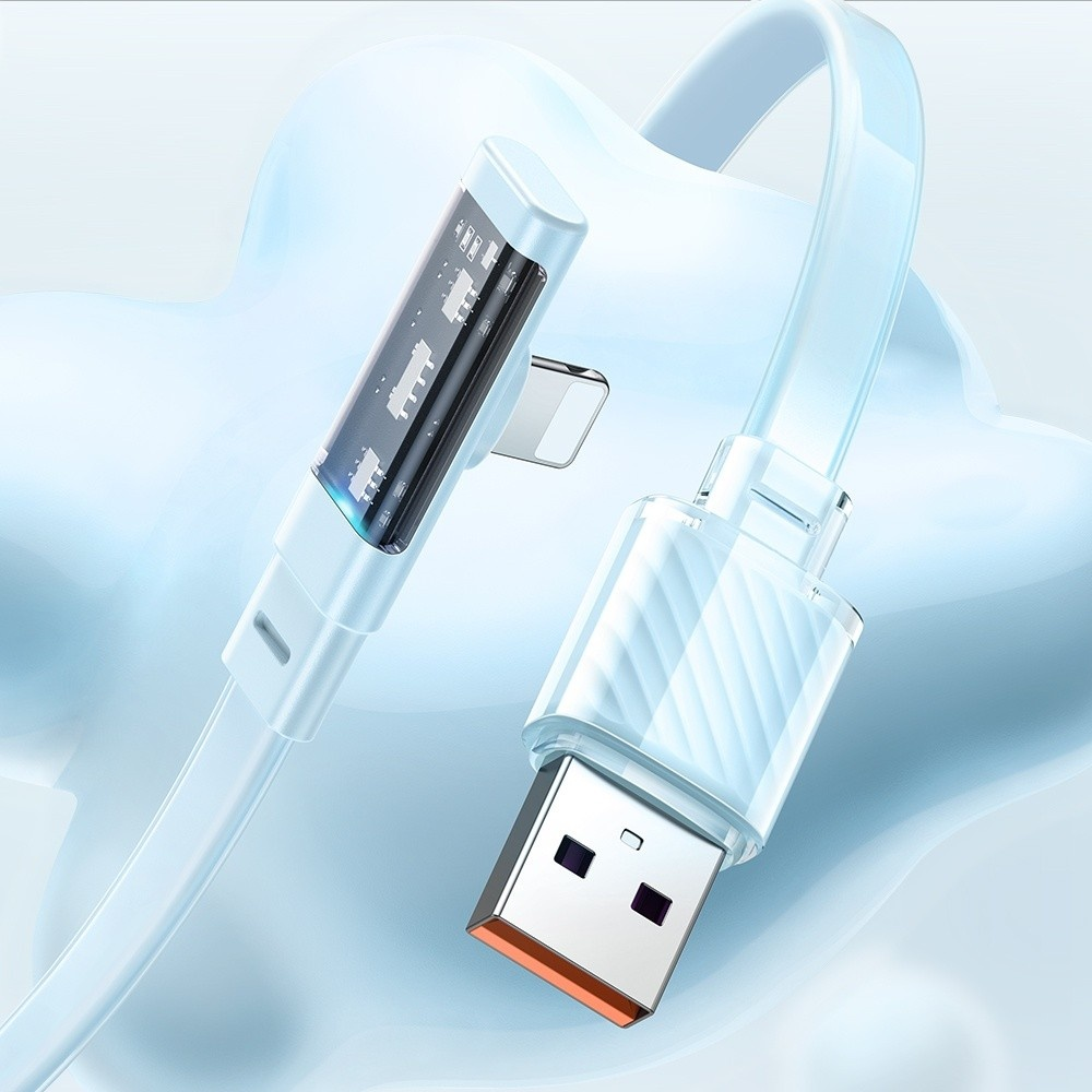 USB ve Lightning konnektörlü beyaz şarj kablosu, mavi arka plan üzerinde.
