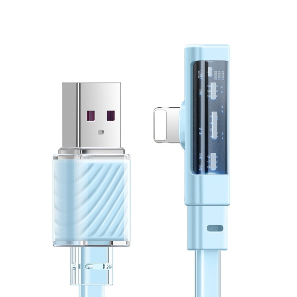 Açık mavi USB kablosu, şarj göstergesi ve açılı konektör beyaz zeminde.
