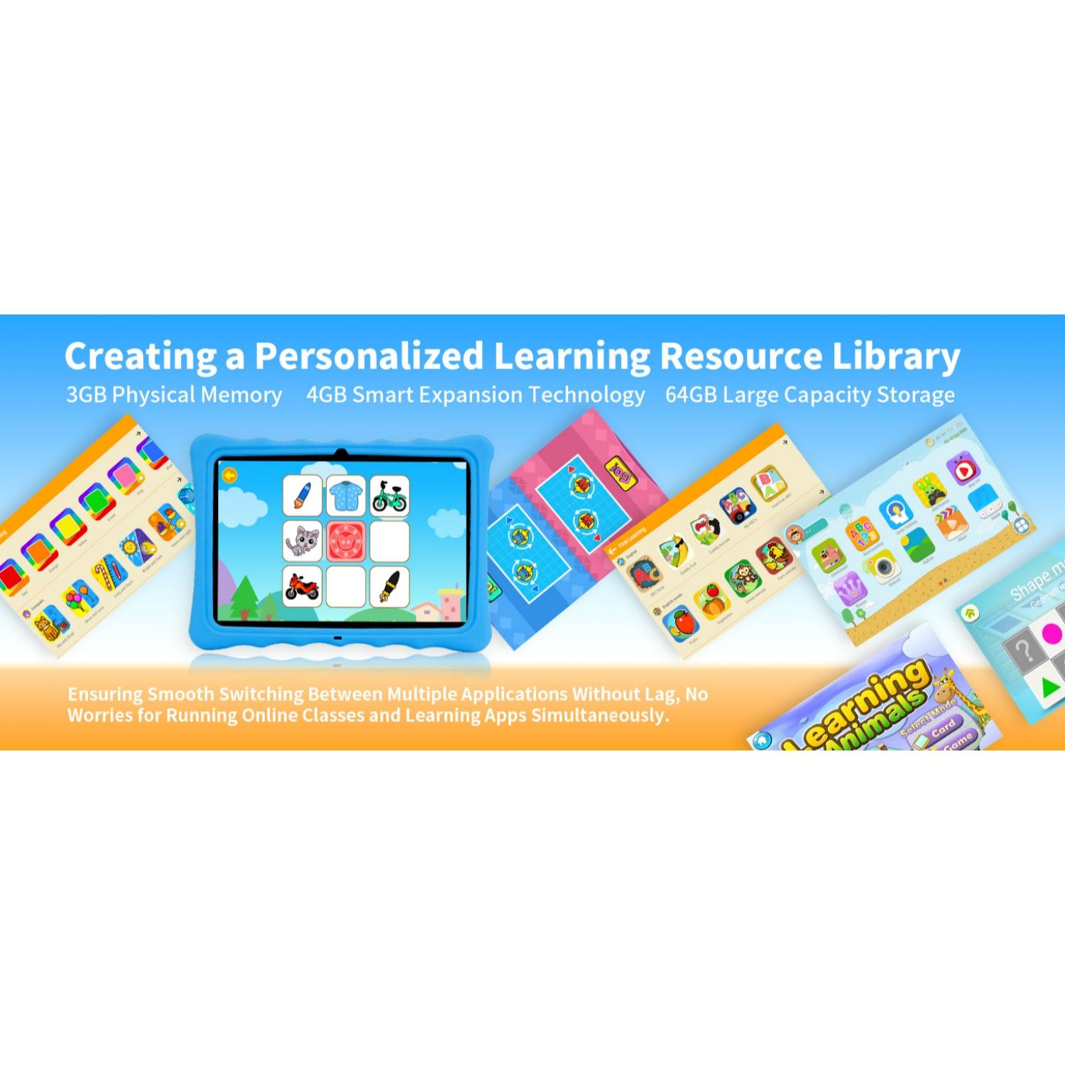 Blaues Tablet mit Lern-Apps. Text: Creating a Personalized Learning Resource Library.