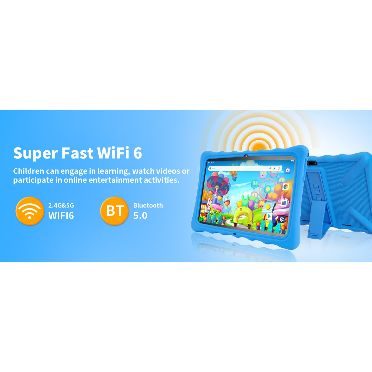 Ein blaues Tablet mit bunten Apps, WiFi 6 und Bluetooth 5.0.