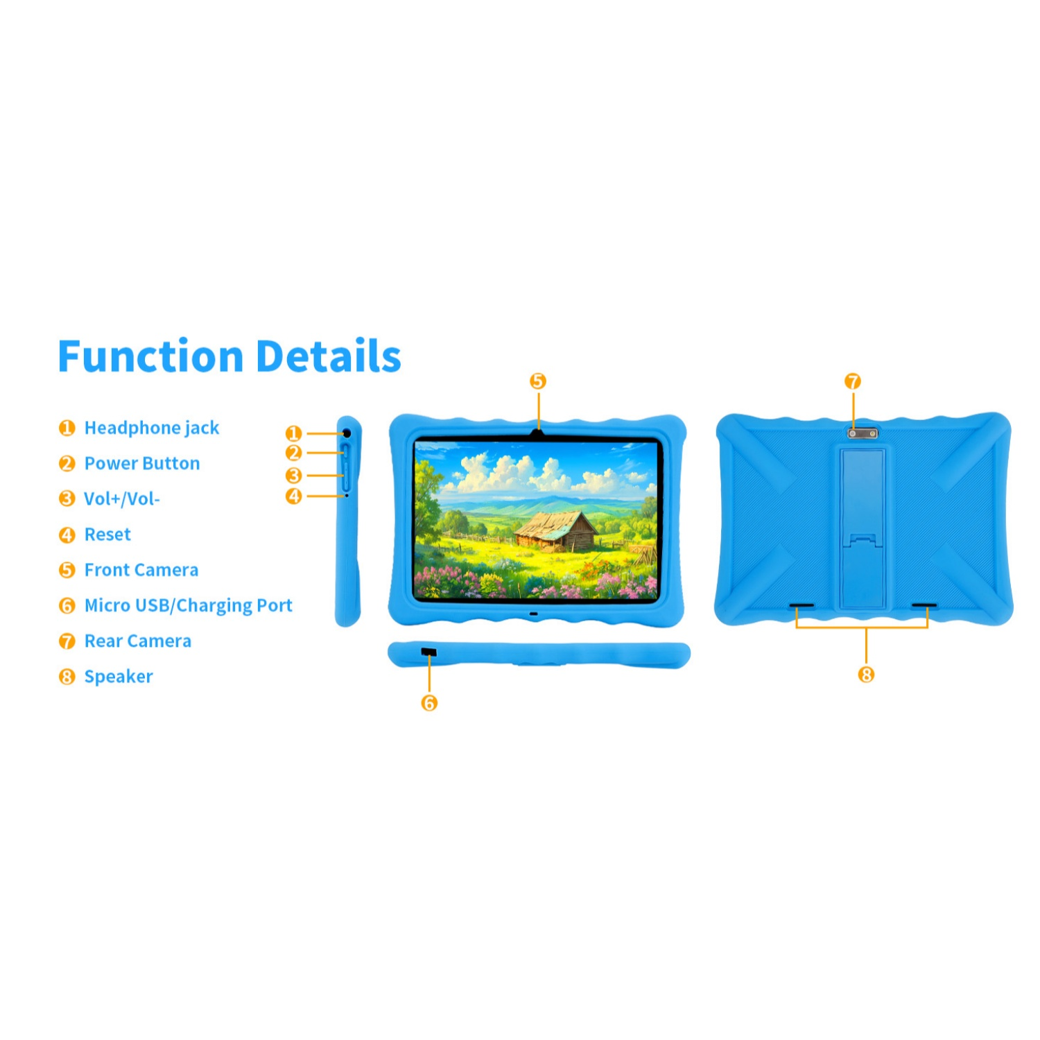 Blaues Tablet mit Kinder-Design, zeigt Anschlüsse und Tasten.