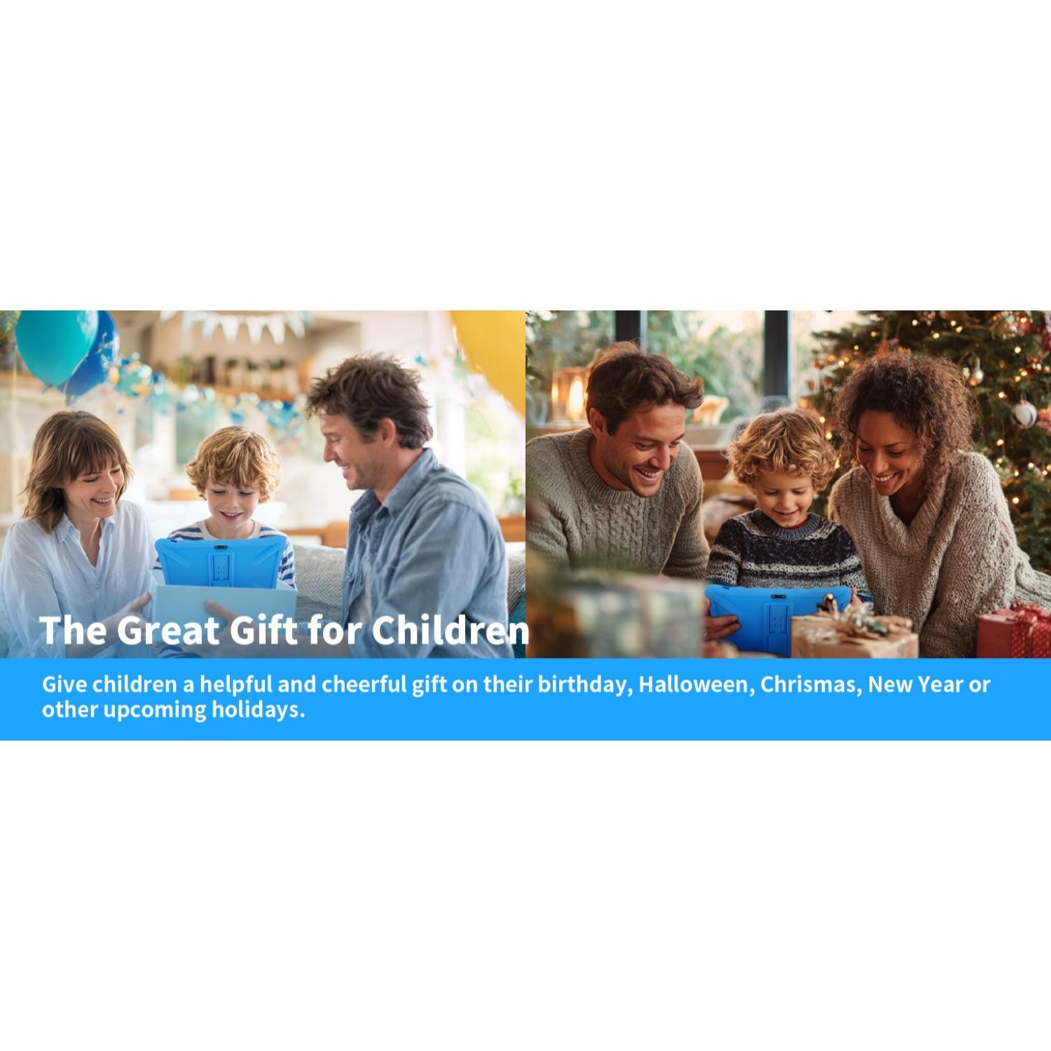 Familien mit Kindern spielen mit einem blauen Tablet, Geschenke und Weihnachtsbaum.