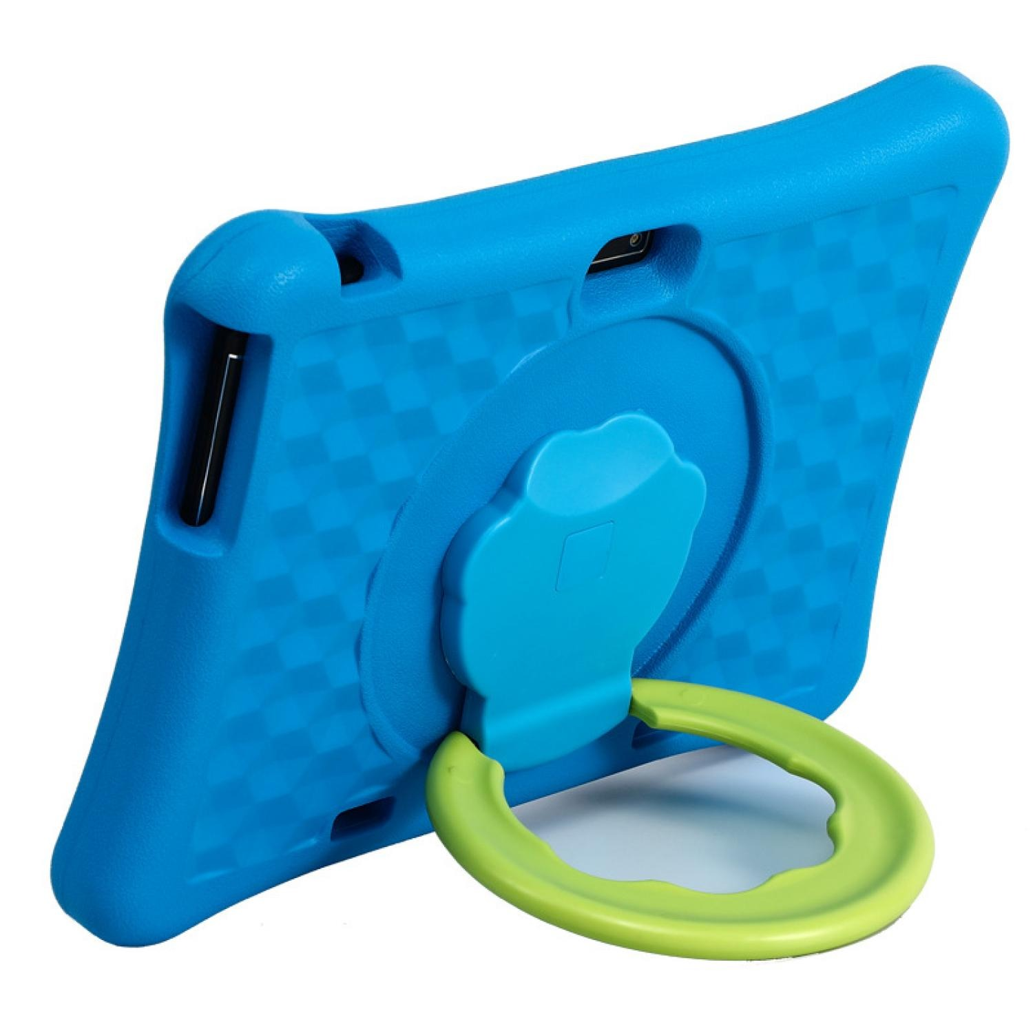 Blaue Tablet-Hülle mit grünem Griff und kariertem Muster. Weißer Hintergrund.