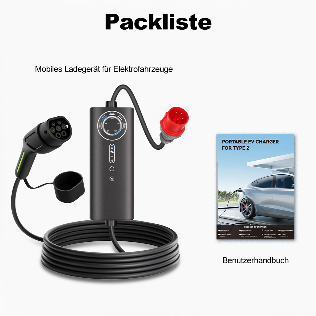 Ladegerät für Elektroautos mit Typ-2-Stecker, Kabel und Anleitung.