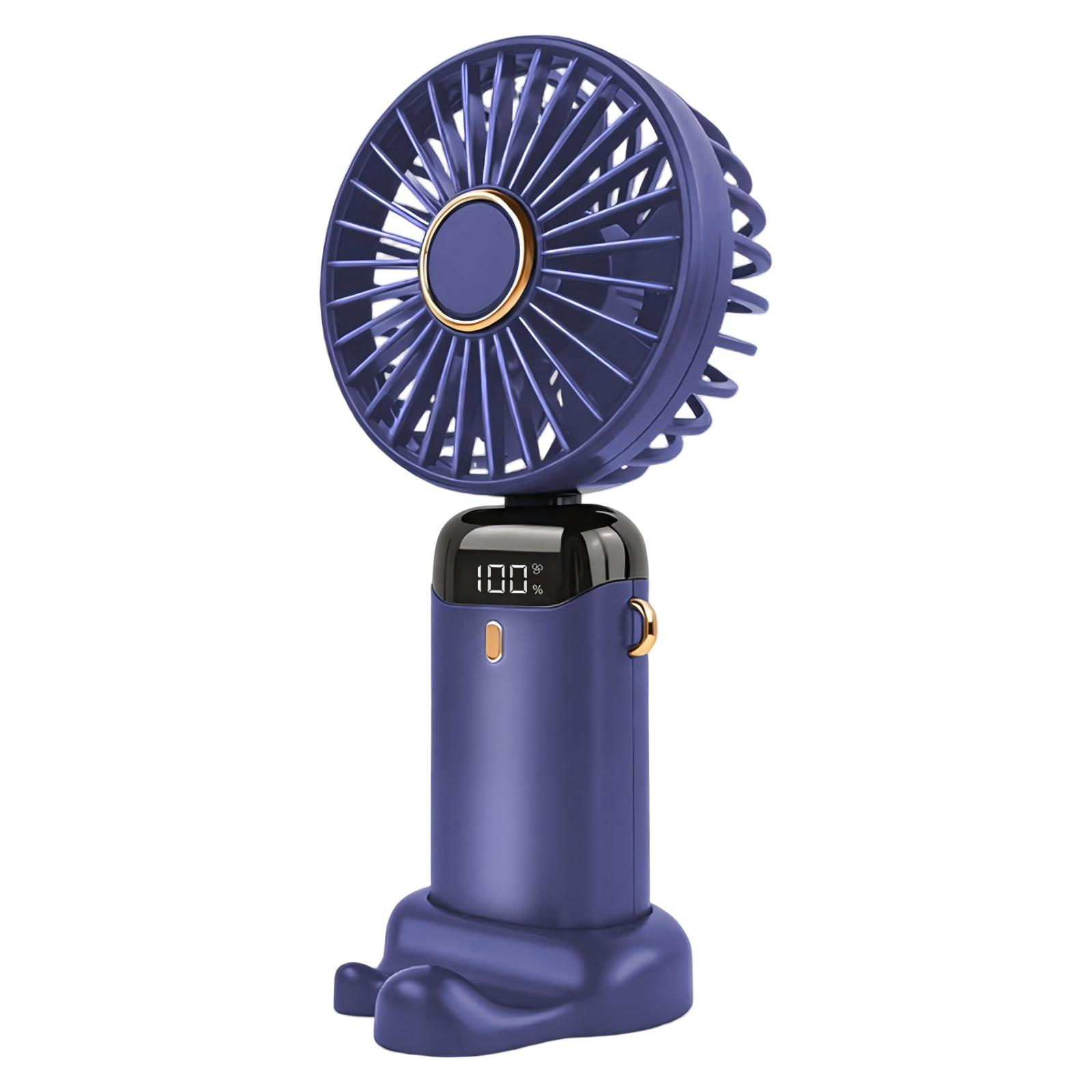 Ein violetter Handventilator mit digitaler Anzeige steht auf einem weißen Hintergrund.