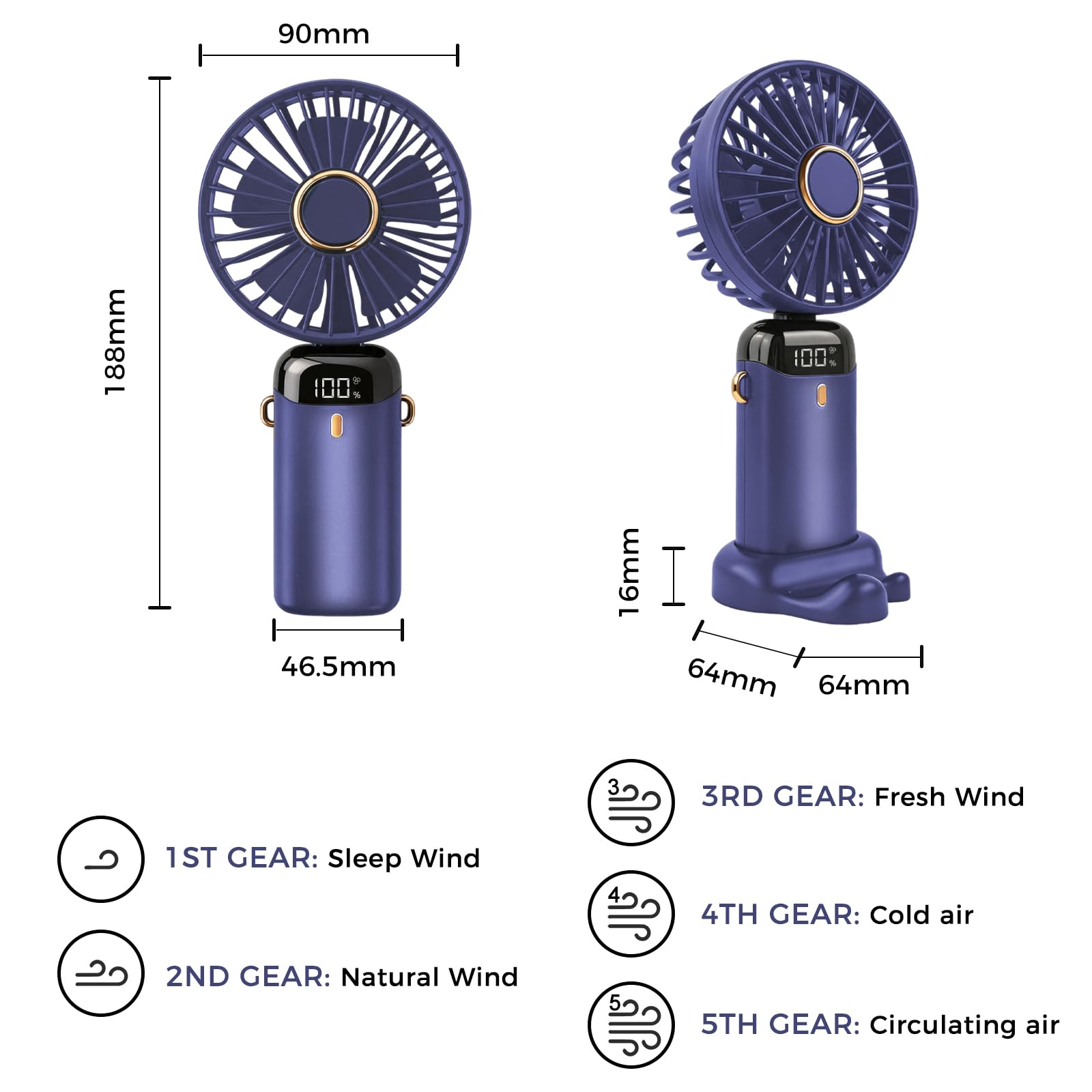 Blauer Handventilator mit digitalen Anzeigen und verschiedenen Windstufen.