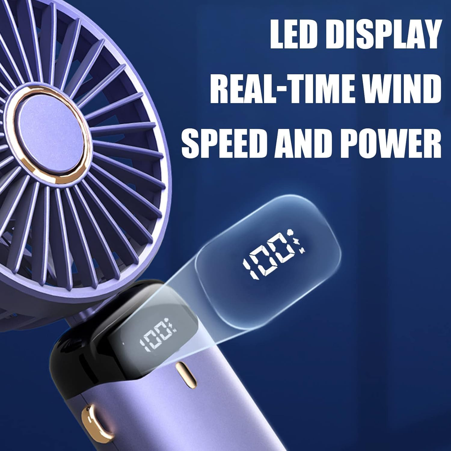 Ein violetter Handventilator mit LED-Anzeige, die 100% anzeigt.