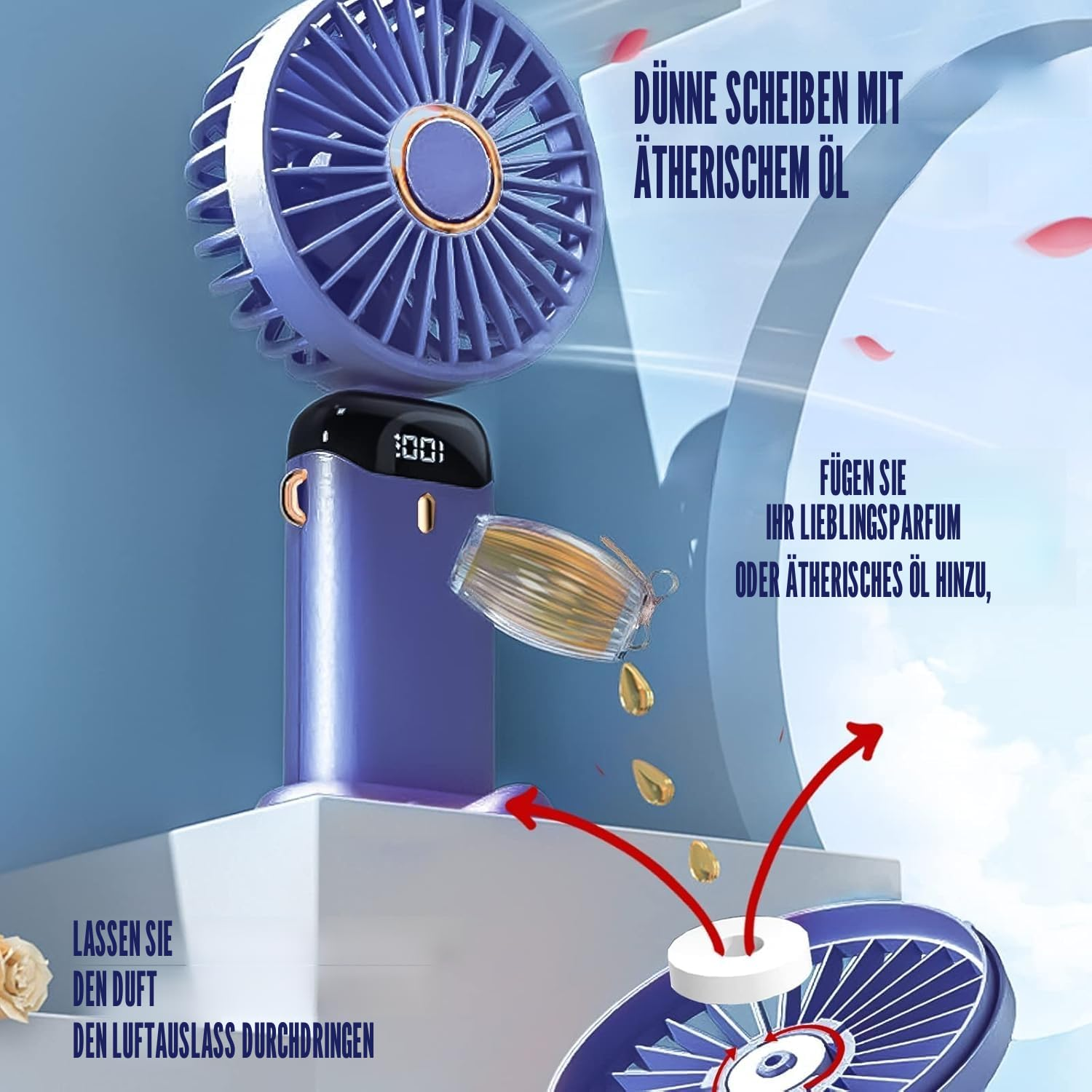 Lila Ventilator mit ätherischem Öl. Fügt Duft hinzu.