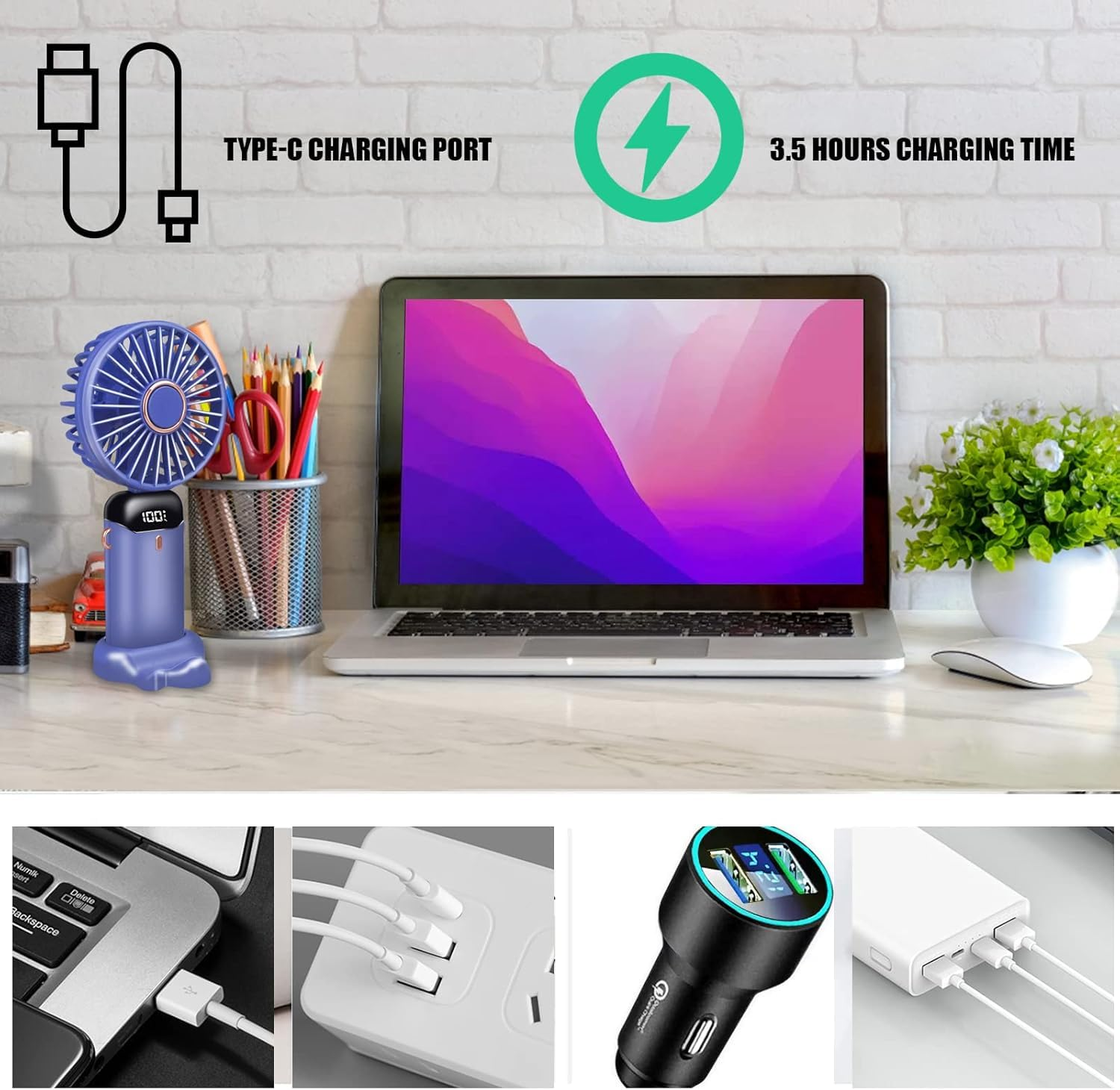 Ein Schreibtisch mit einem Laptop, einem kleinen Ventilator, Stiften und einem Blumentopf.