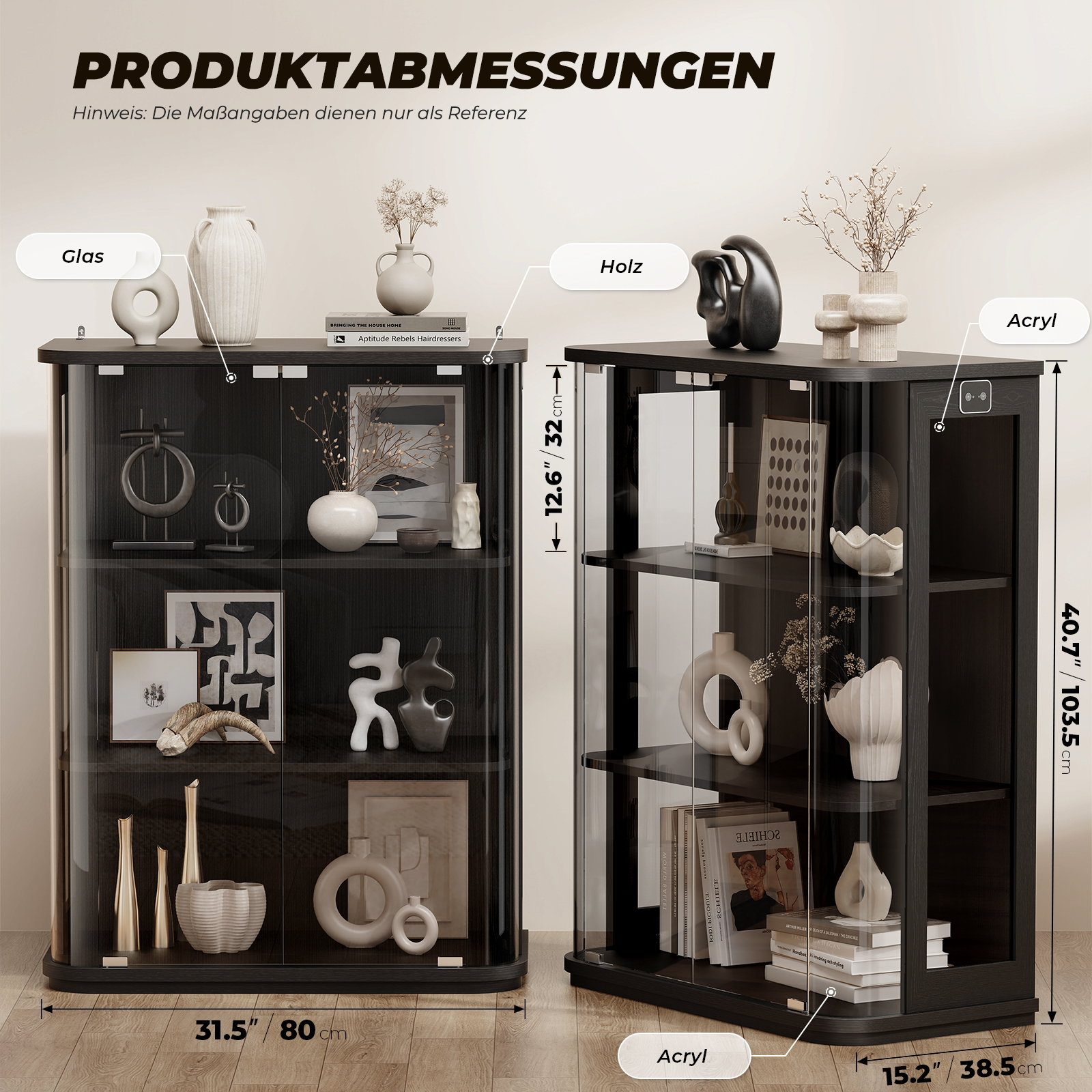 Zwei schwarze Vitrinen gezeigt. Linke Vitrine: 80 cm breit. Rechte Vitrine: 38,5 cm breit.