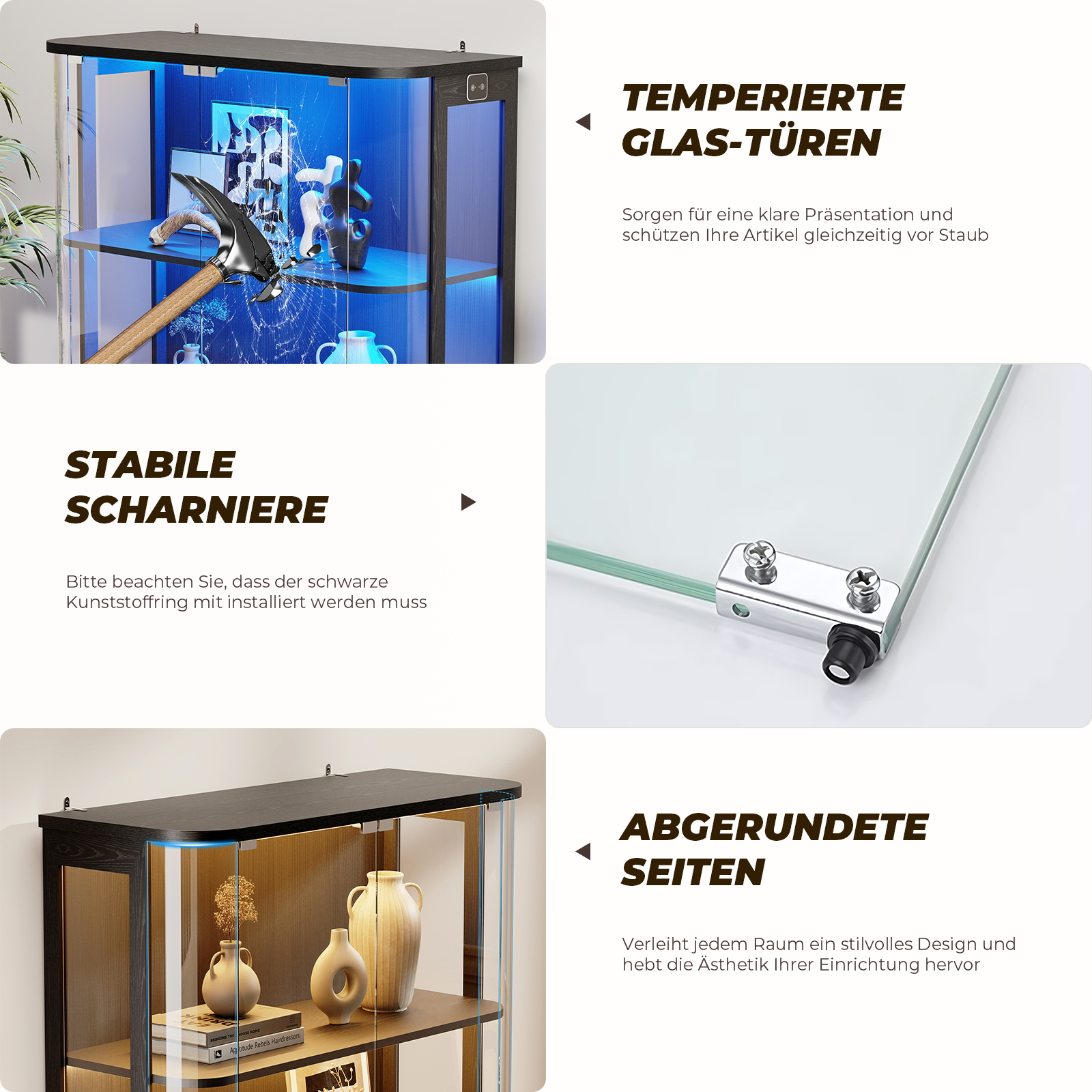 Vitrine mit beleuchteten Glasböden, Hammer auf zersplittertem Glas, Scharnierdetails.
