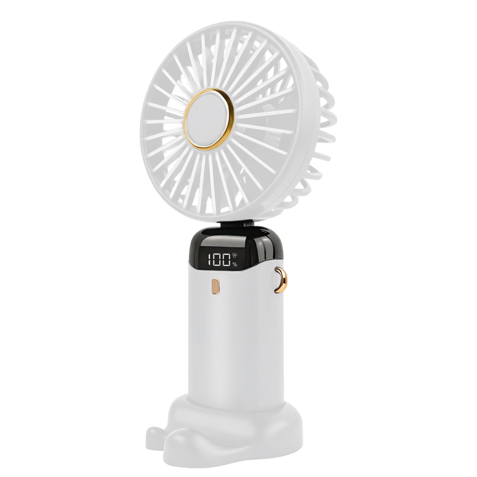 Ein weißer Ventilator mit goldenen Akzenten und einem digitalen Display, das 100% anzeigt.