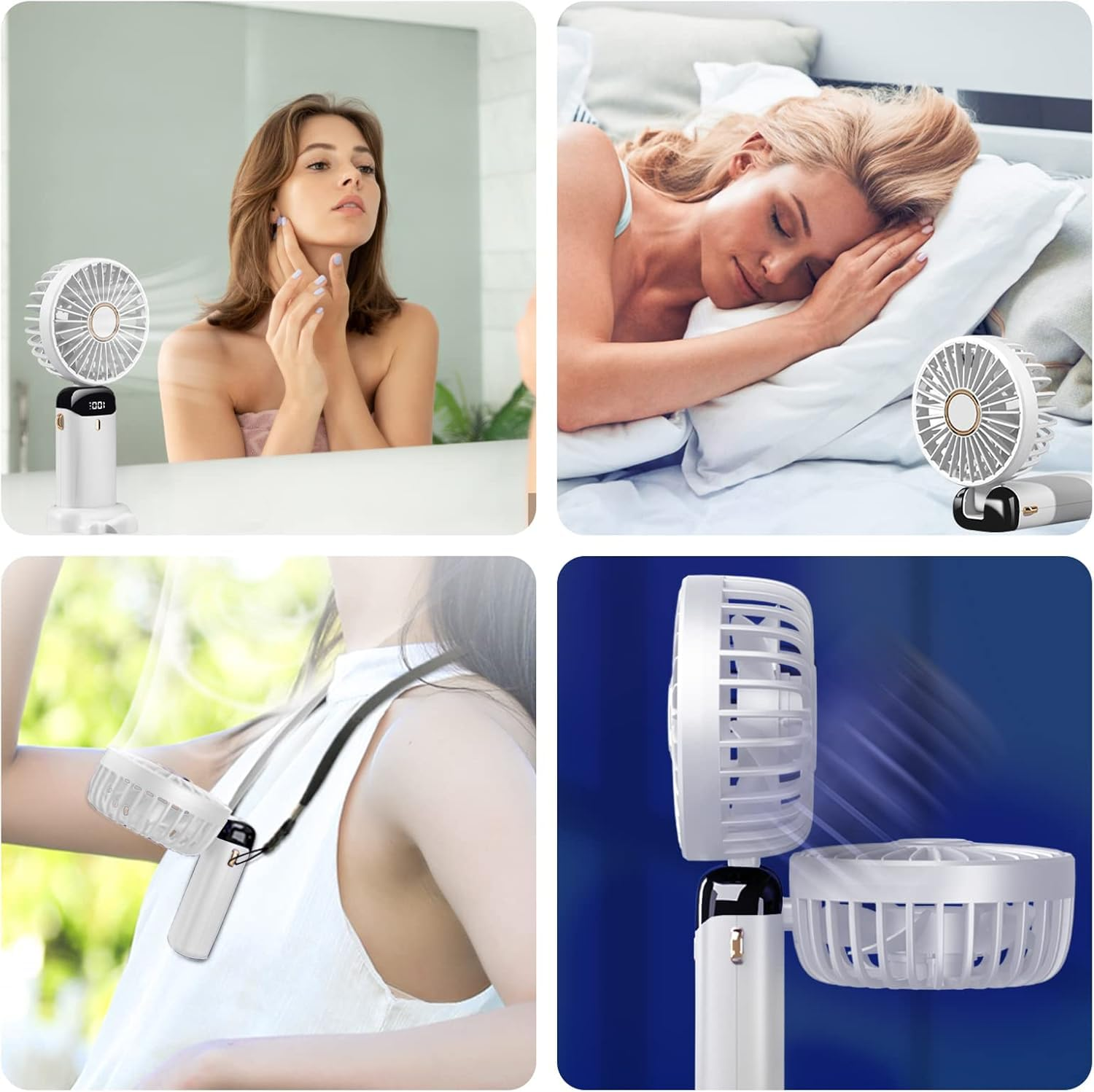 Vier Szenen zeigen einen weißen Ventilator: am Schminktisch, neben schlafender Frau, um den Hals, und zwei Ventilatoren.