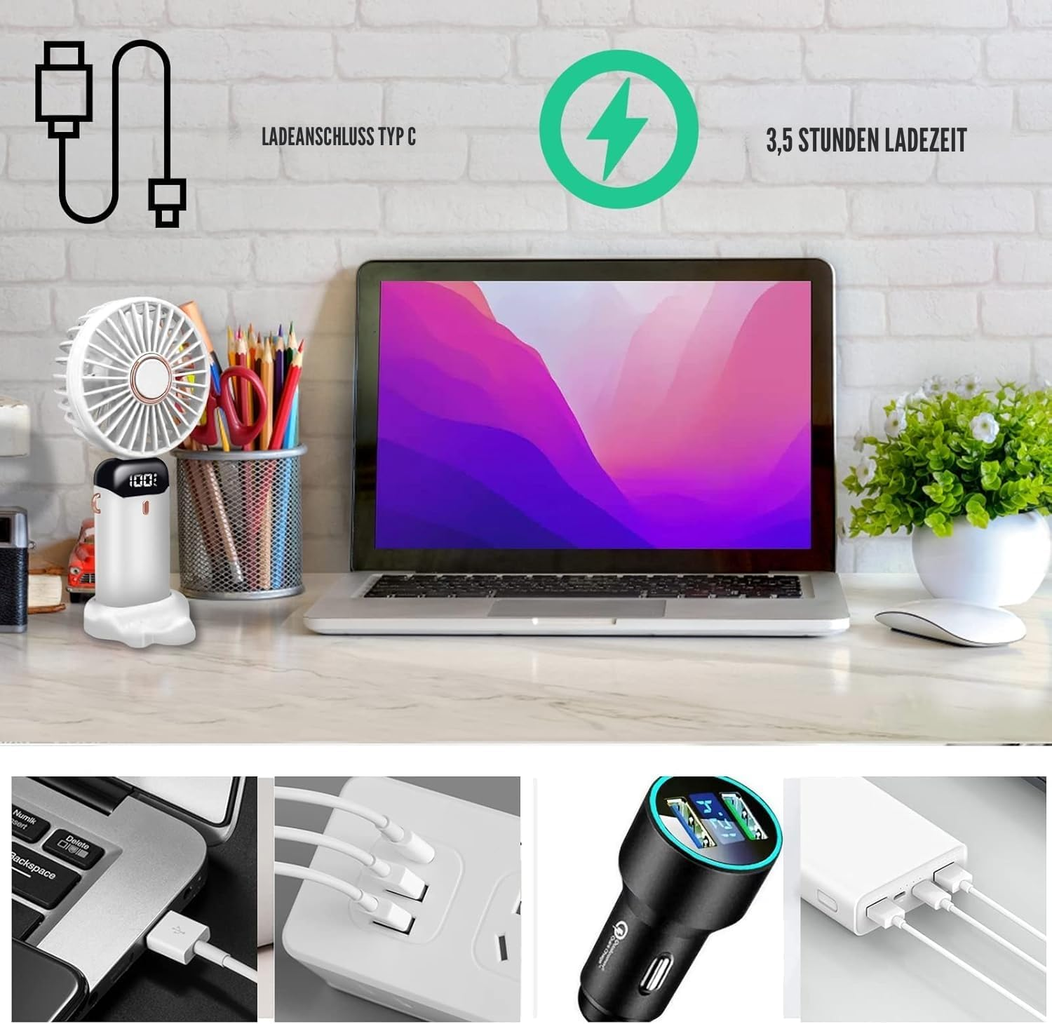 Ein Schreibtisch mit Laptop, Mini-Ventilator, Stiften und Ladezubehör.