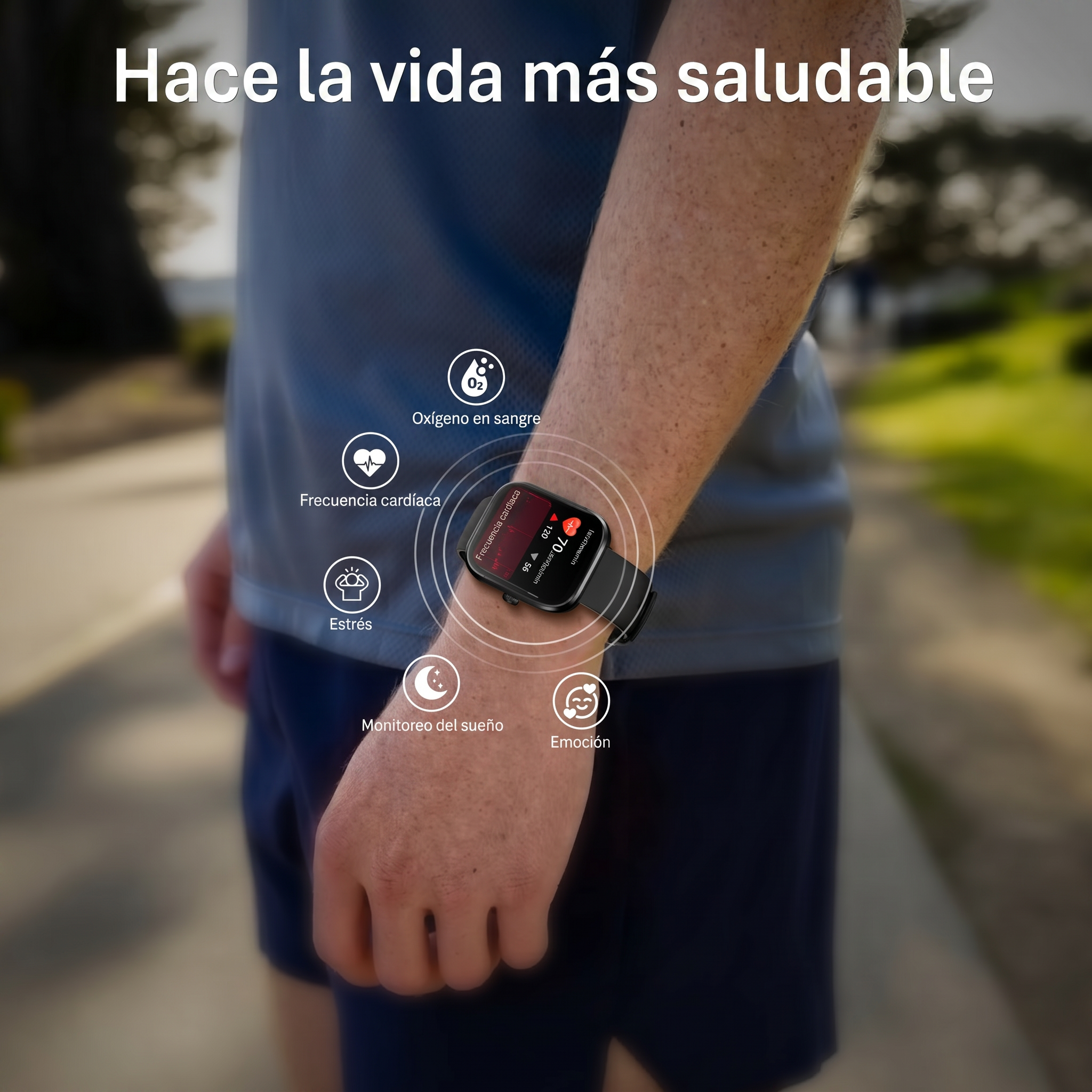 Un brazo con un reloj inteligente que muestra métricas de salud como la frecuencia cardíaca.