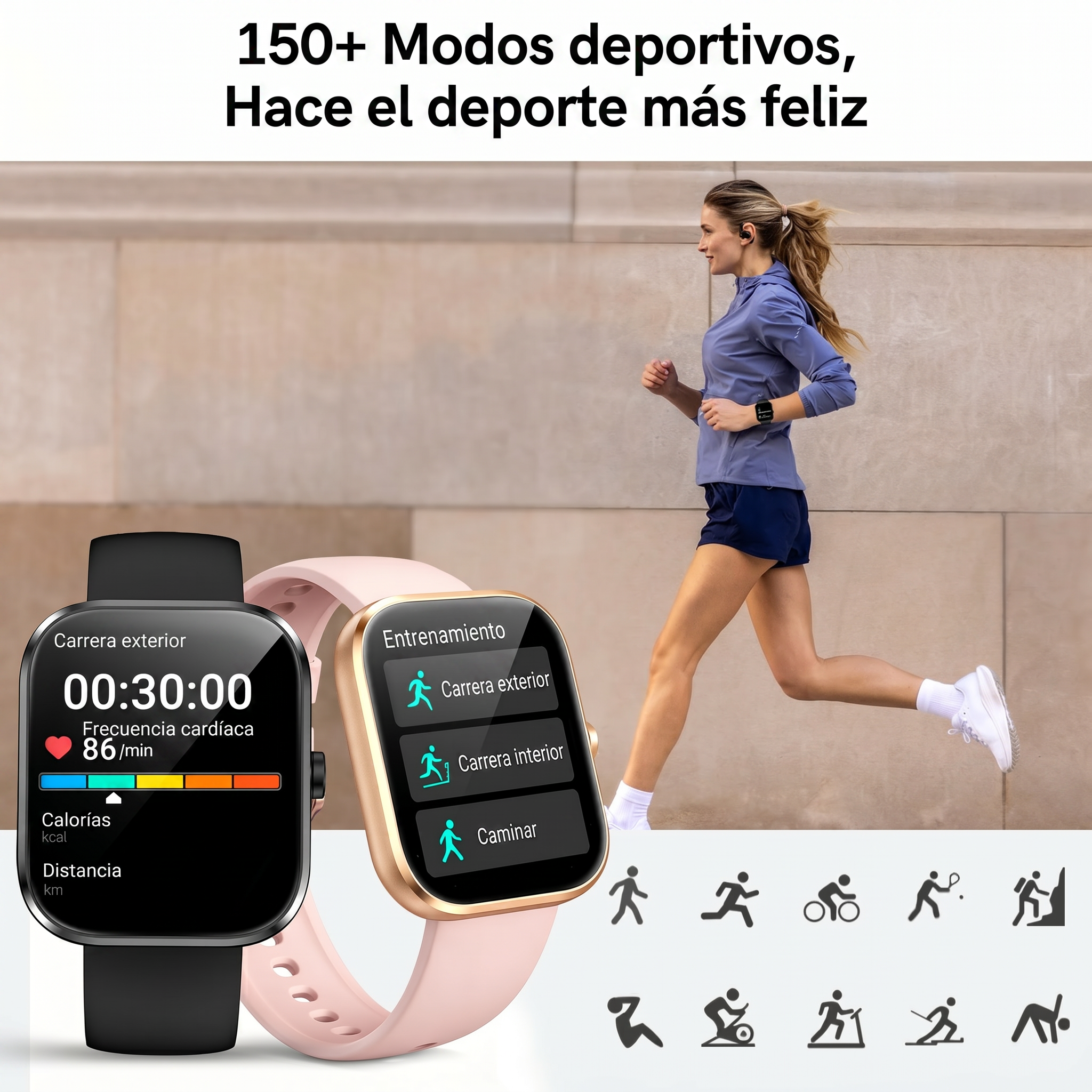 Mujer corriendo, smartwatches muestran modos deportivos. Más de 150 modos.
