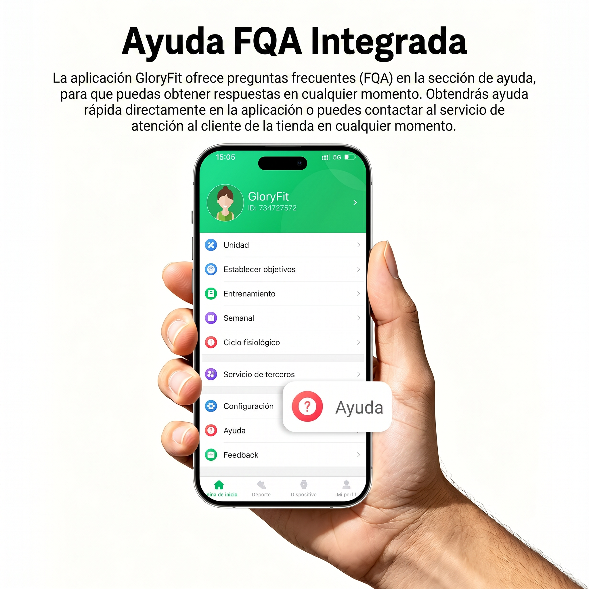 Una mano sostiene un teléfono que muestra la app GloryFit con una pantalla de ayuda.