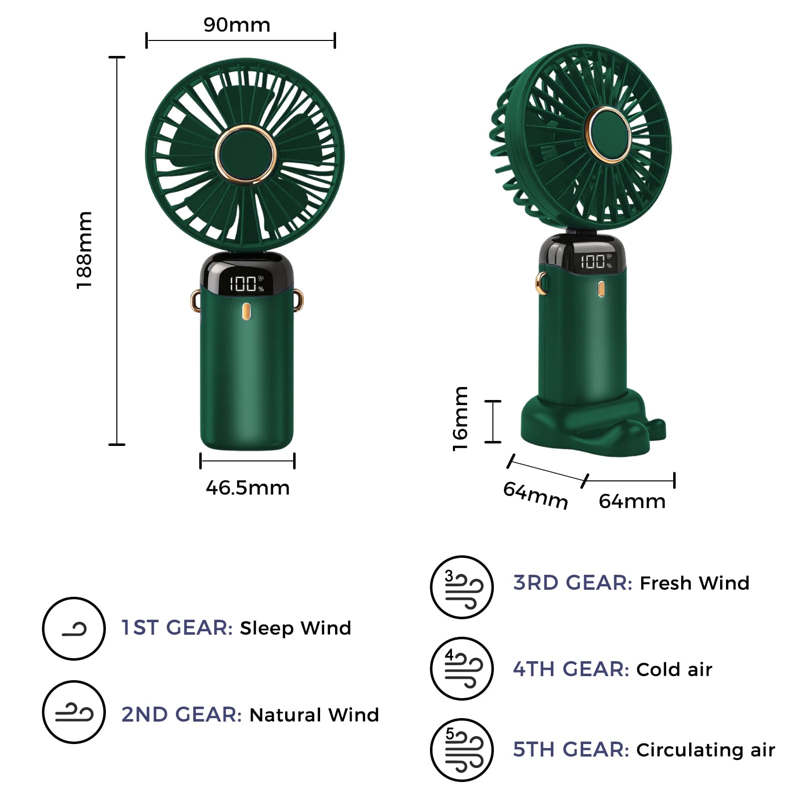 Ein grüner Handventilator mit 5 Gängen: Schlaf-, Natur-, Frisch-, Kalt- und Umluft.