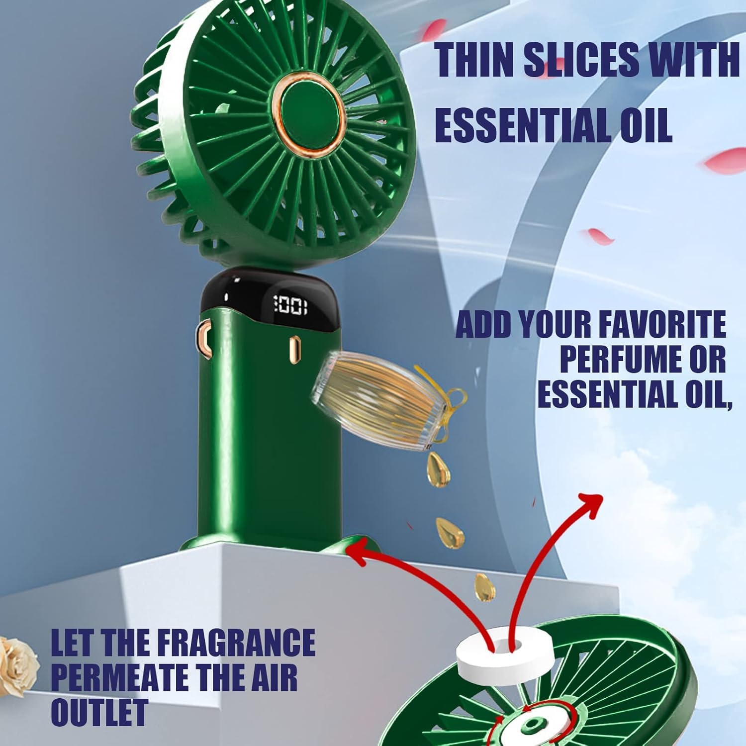 Grüner Ventilator mit Ätherischöl-Diffusor und Tropfen von Öl.