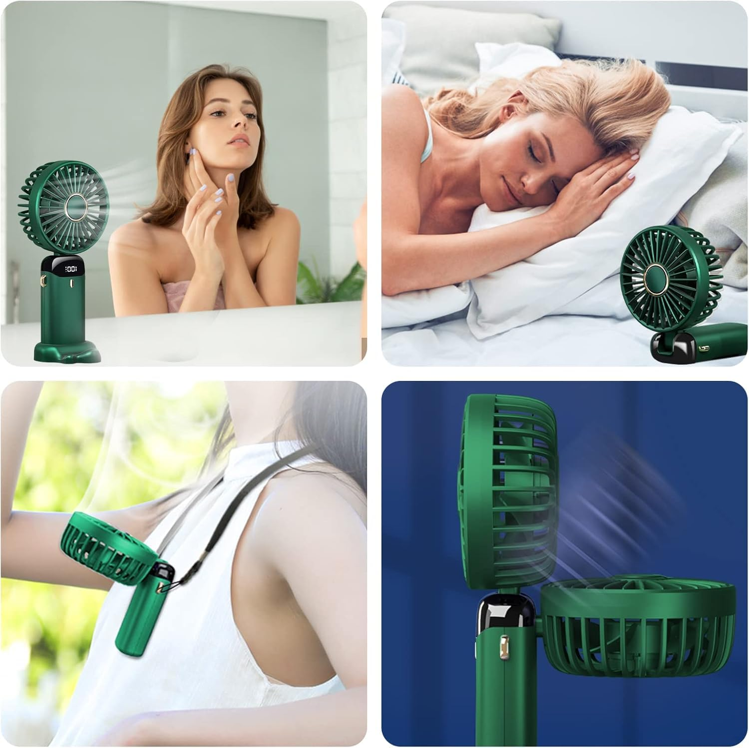 Vier Szenen zeigen einen grünen Ventilator: Frau im Bad, Frau schläft, Nackenventilator, zwei Ventilator-Köpfe.