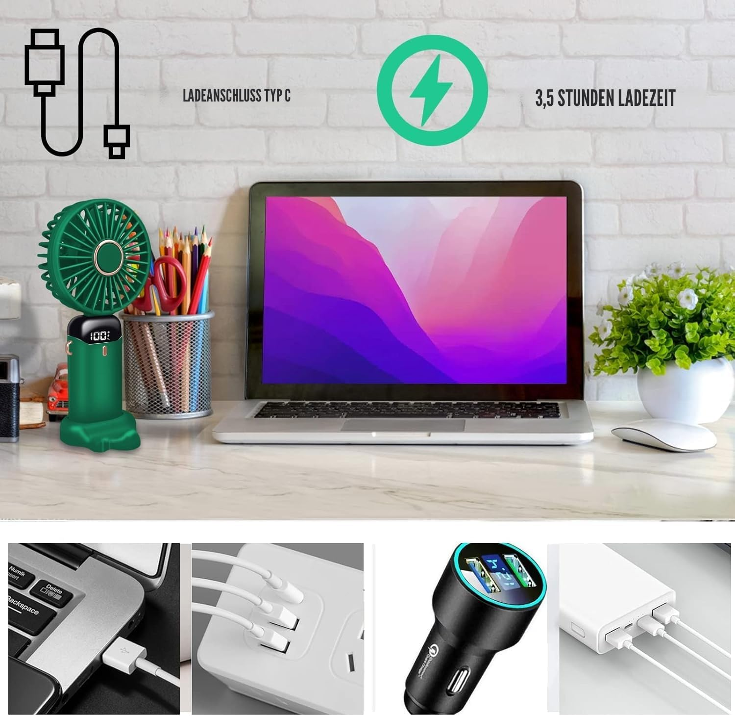 Schreibtisch mit Laptop, Lüfter, Stiften und Ladegeräten. Typ-C-Anschluss.