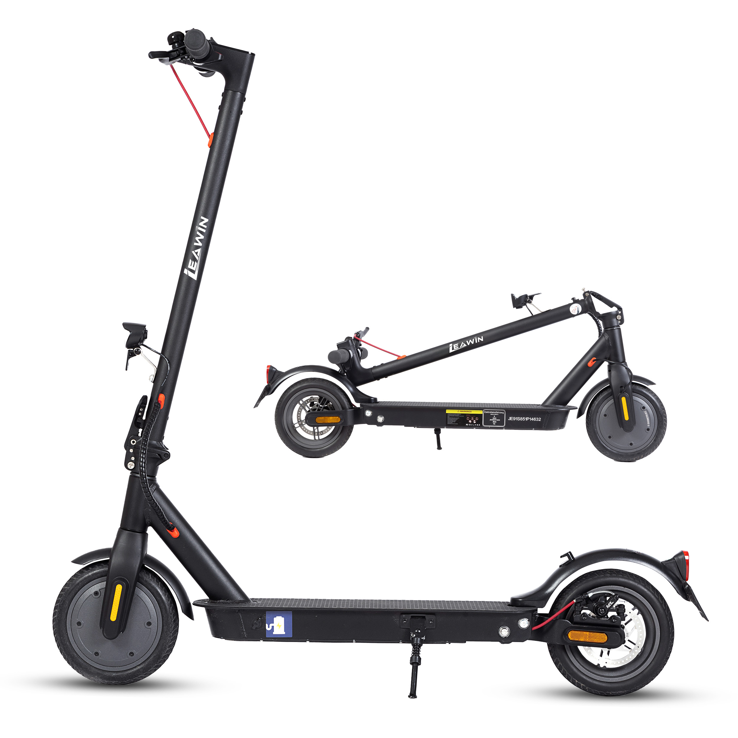 Zwei schwarze E-Scooter auf weißem Hintergrund, einer aufrecht, einer zusammengeklappt.
