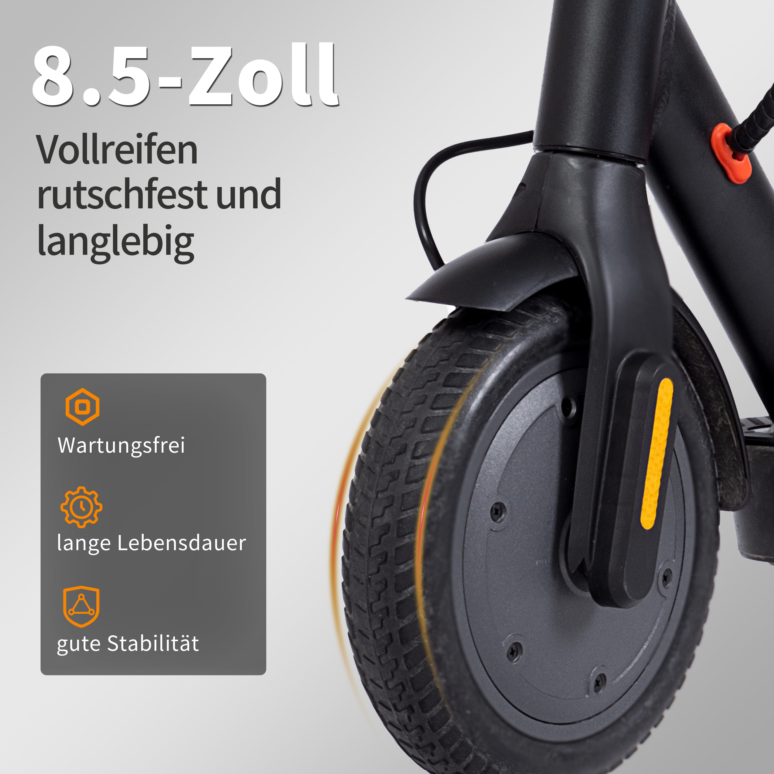 8.5 Zoll Vollreifen Roller, wartungsfrei, langlebig, gute Stabilität.