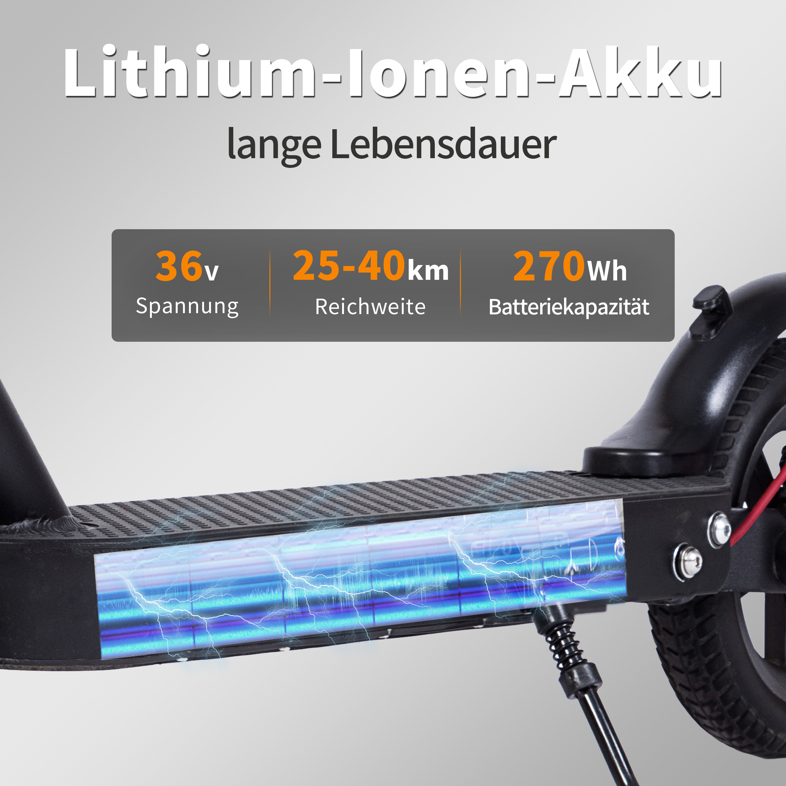 Lithium-Ionen-Akku mit 36V, 25-40km Reichweite, 270Wh Kapazität.