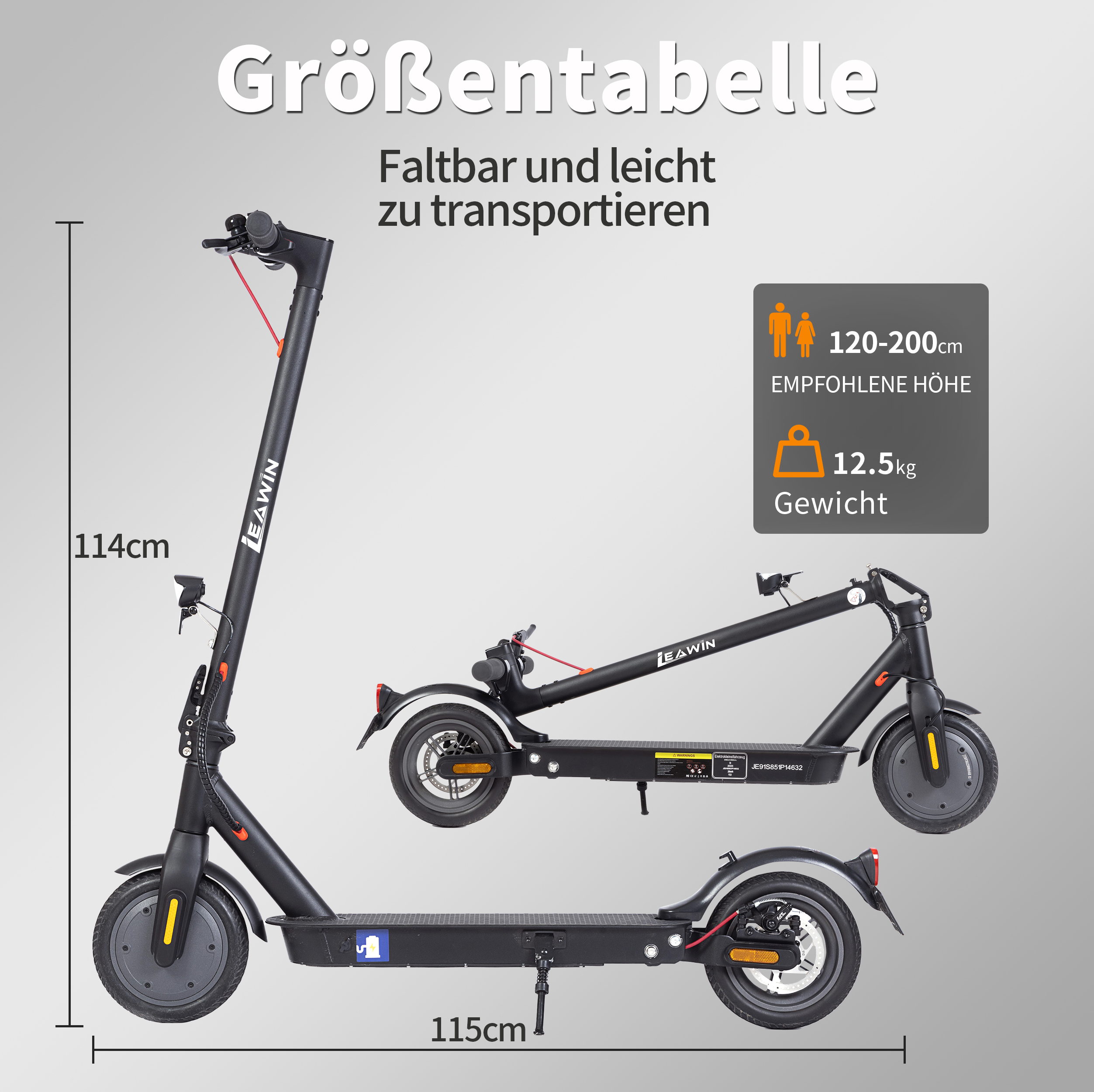 Größentabelle für E-Scooter: aufklappbar, 114cm hoch, 115cm lang.