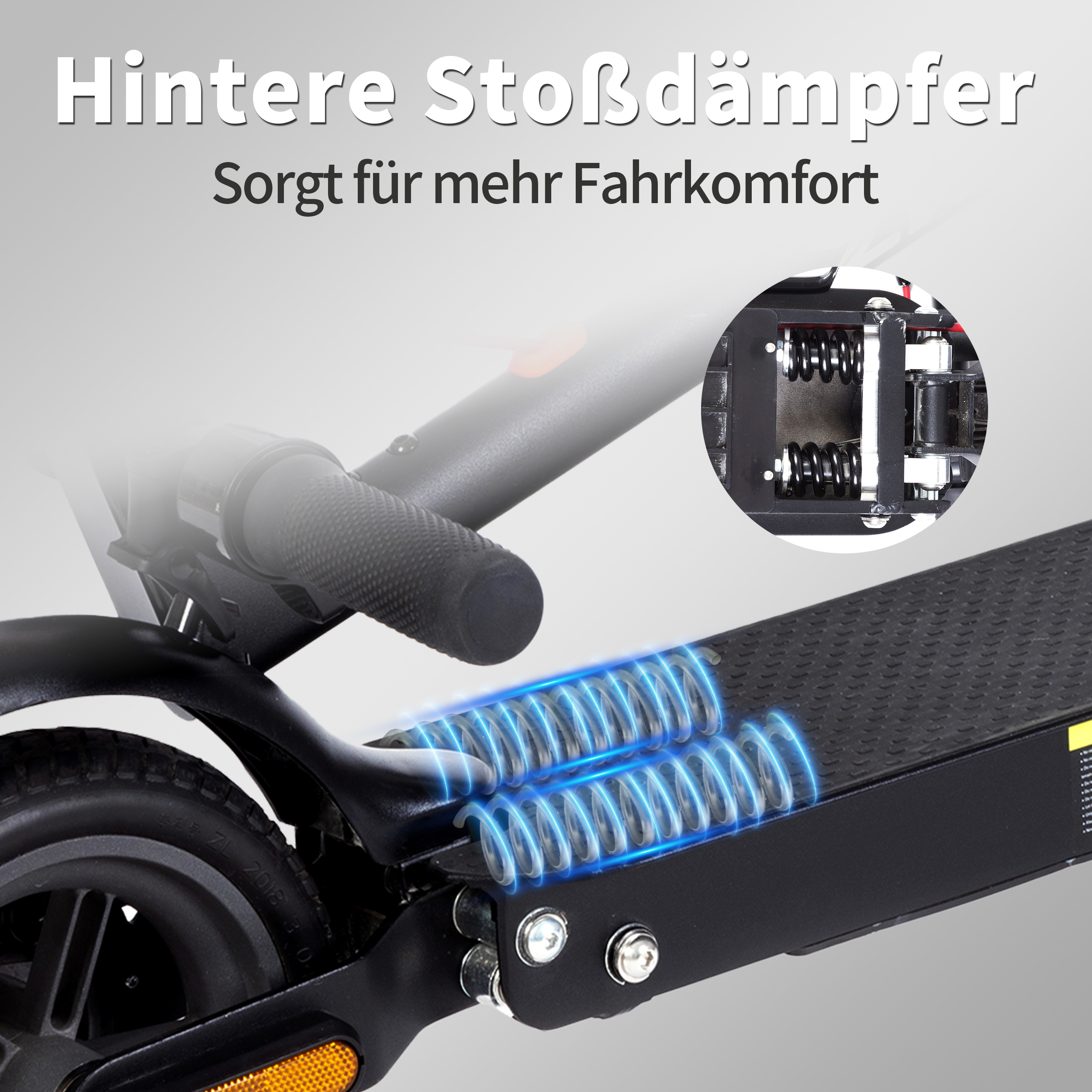 Elektroroller mit Stoßdämpfern und Federung.