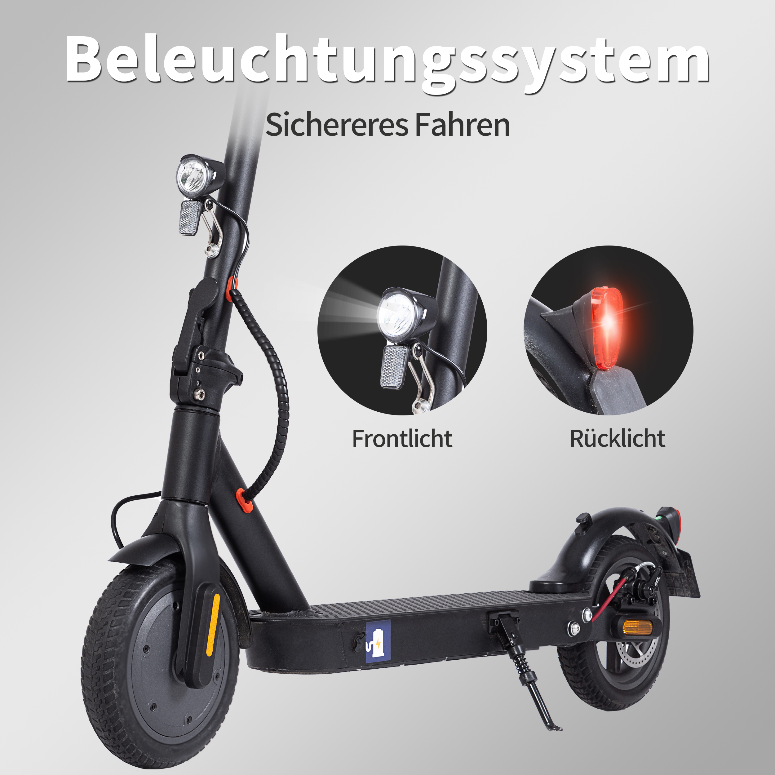 Schwarzer Elektroroller mit Front- und Rücklicht. Text: Beleuchtungssystem Sicheres Fahren.