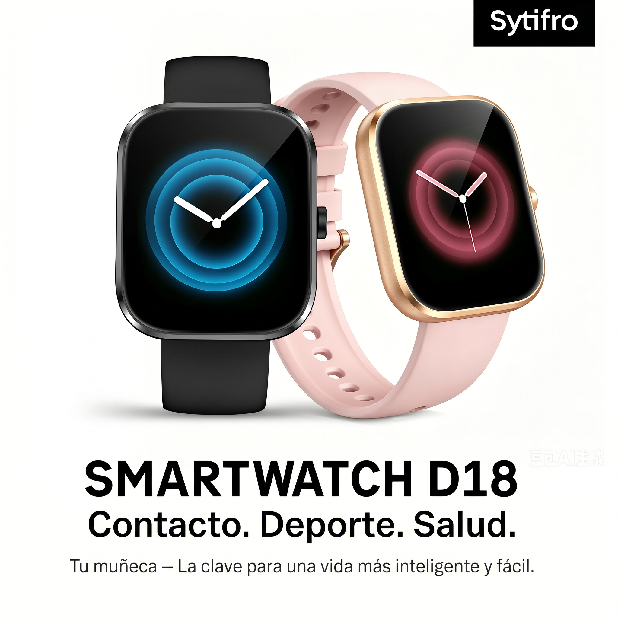 Dos smartwatches, una negra y una dorada con correa rosa.