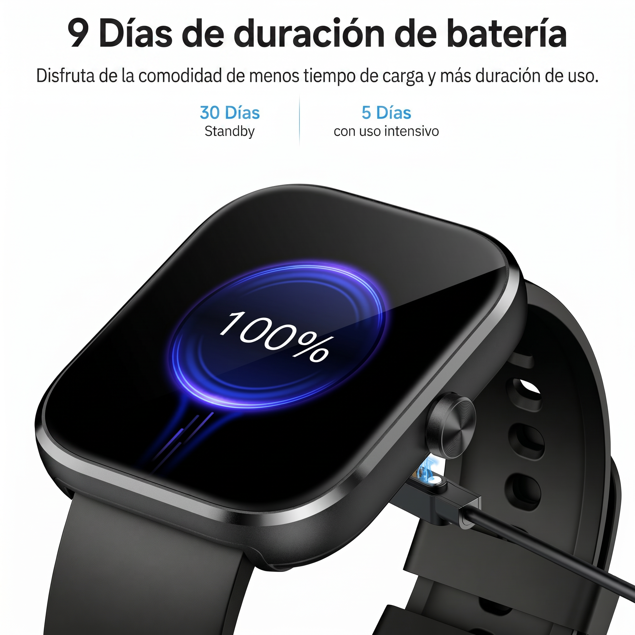 Reloj inteligente negro cargando, muestra 100% de batería.