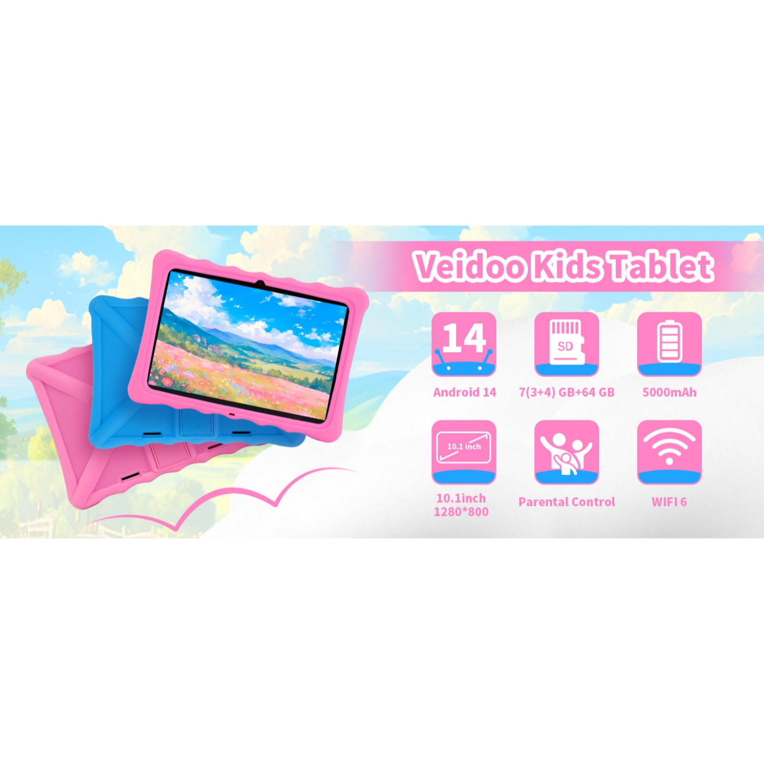 Veidoo Kinder Tablet: Android 14, 10,1 Zoll, 7/64GB, 5000mAh, WiFi 6.