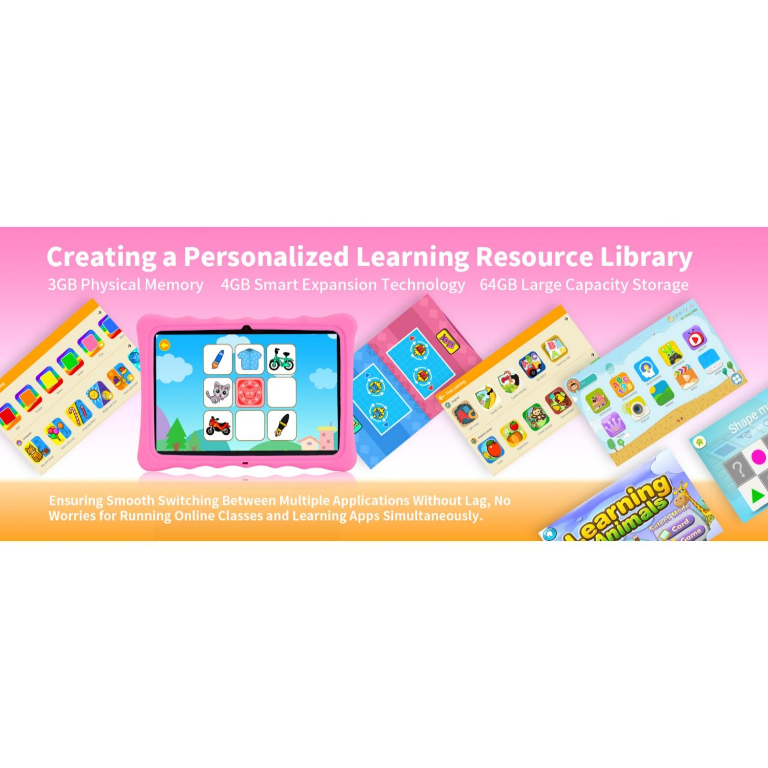 Ein rosa Tablet mit Lern-Apps und Text über personalisierte Lernbibliotheken.