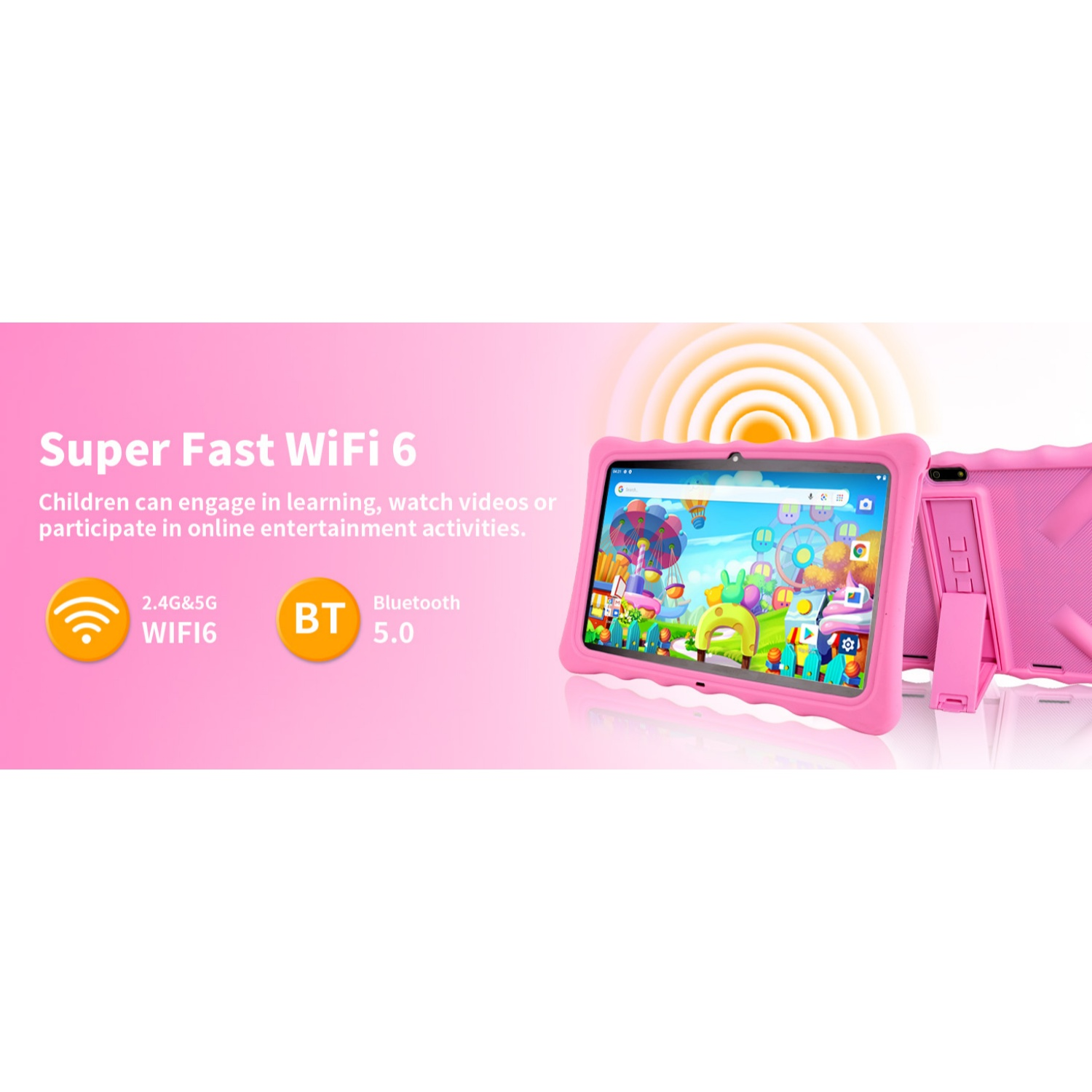 Rosa Tablet mit buntem Bildschirm, WiFi 6 und Bluetooth 5.0.