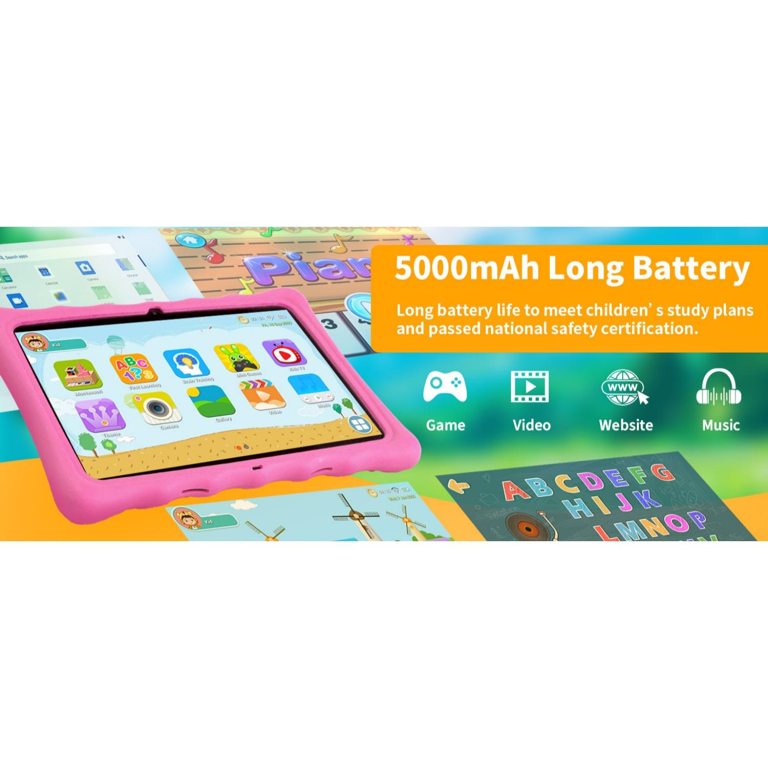 Ein rosa Kinder-Tablet mit Apps, 5000mAh Akku und Lerninhalten wie ABCs.