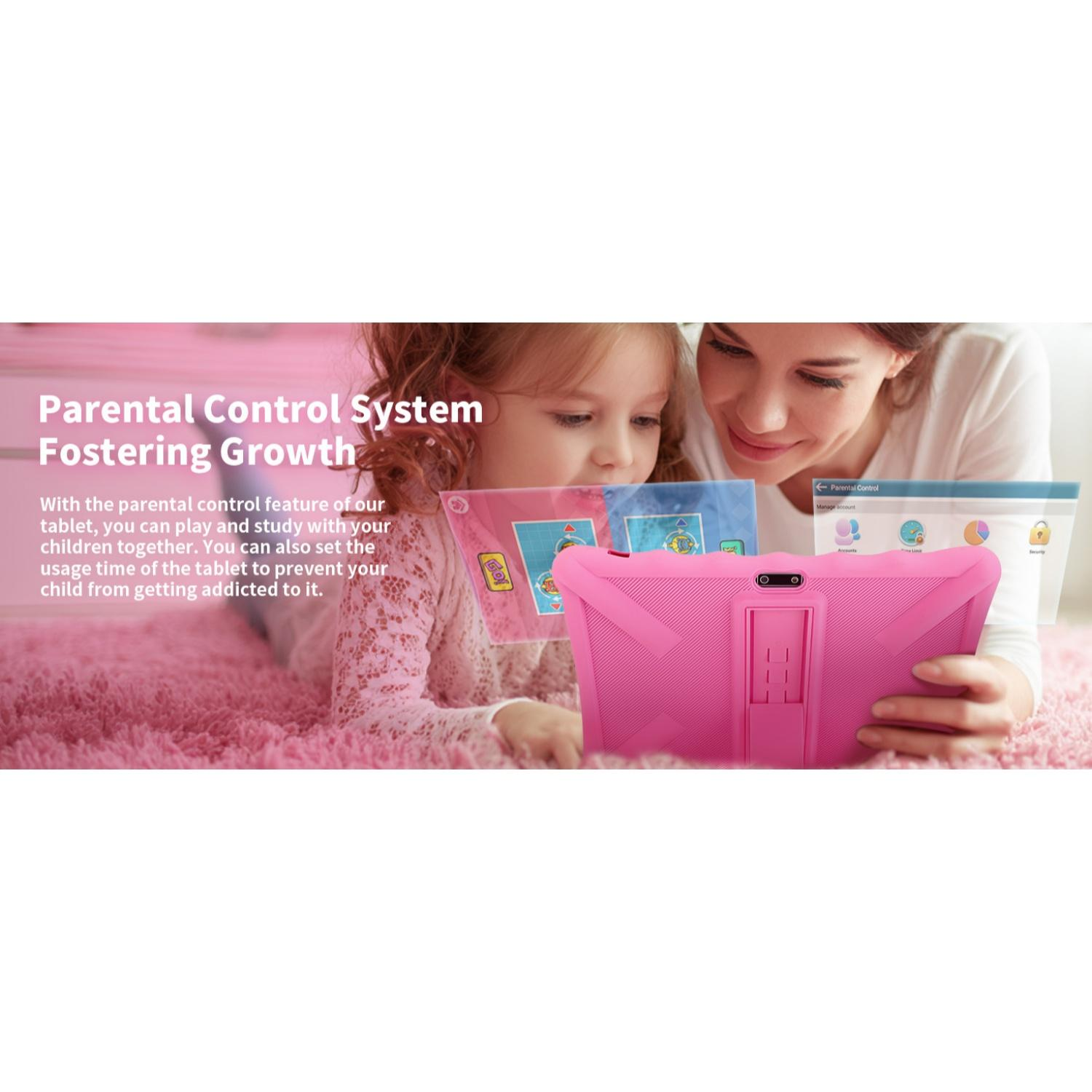 Mutter und Kind schauen auf pinkes Tablet. Text: Parental Control System Fostering Growth.