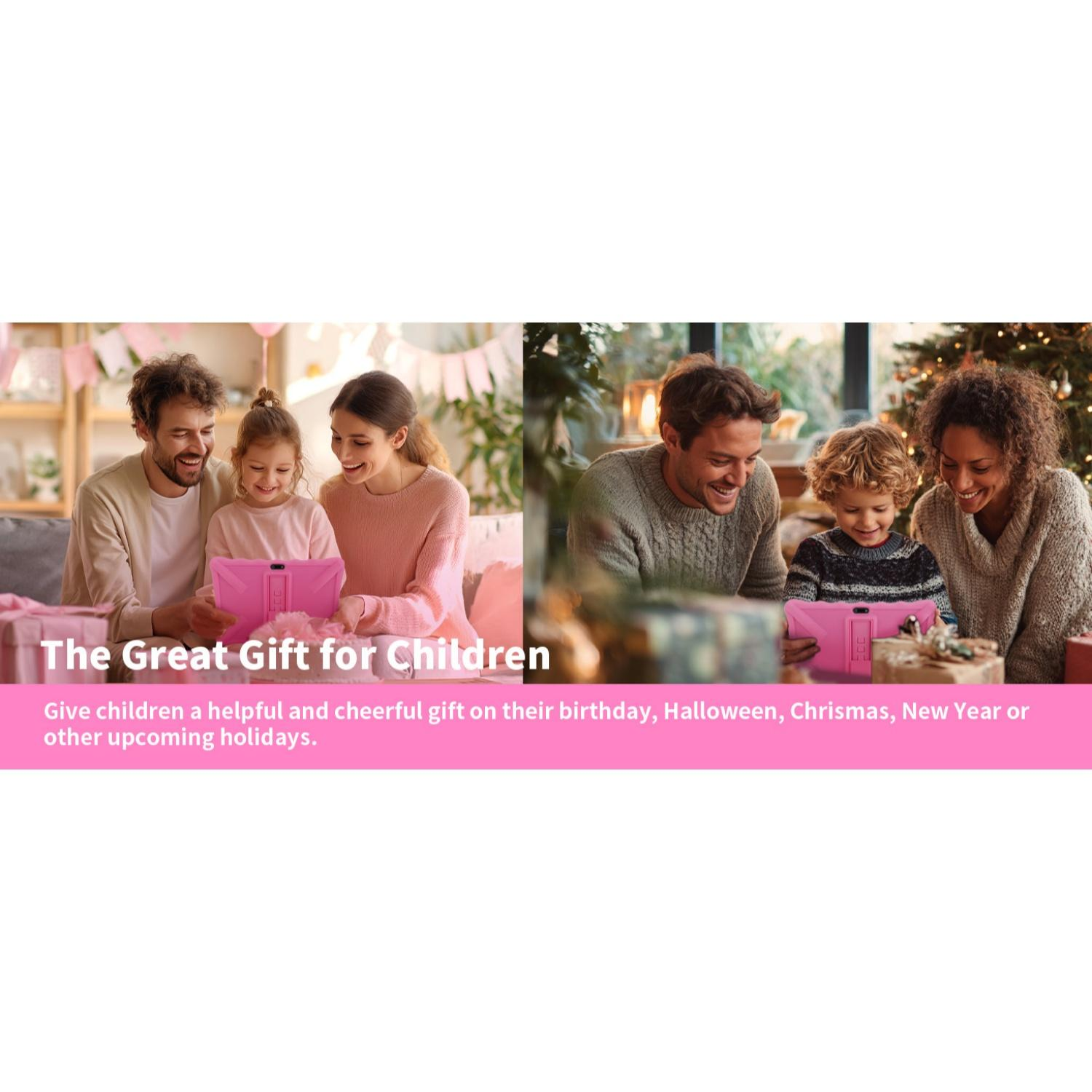 Zwei Familien mit Kindern freuen sich über Tablets vor Geschenken und Weihnachtsbäumen.