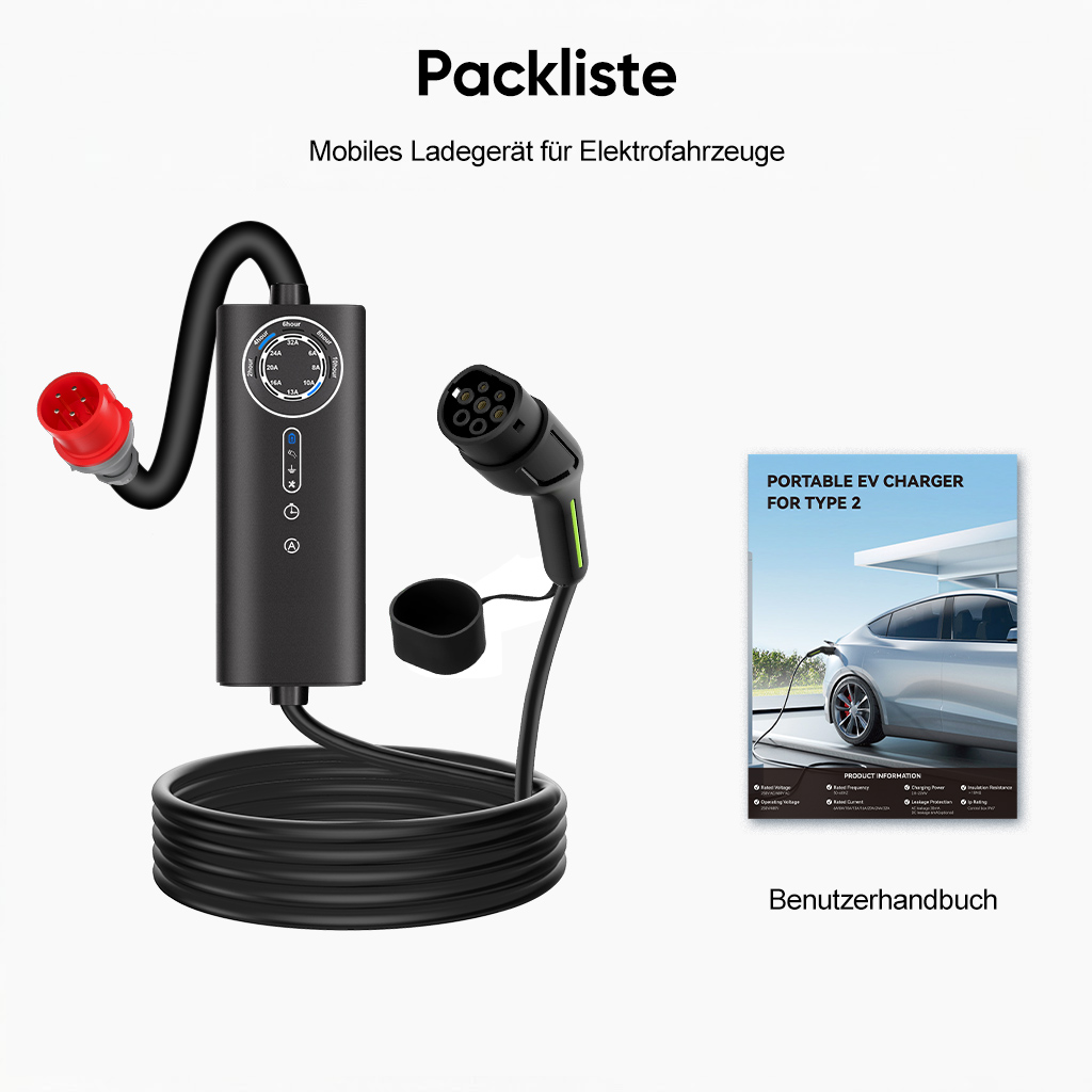 Schwarzes Ladekabel für Elektroautos mit rotem Stecker und einer Anleitung.