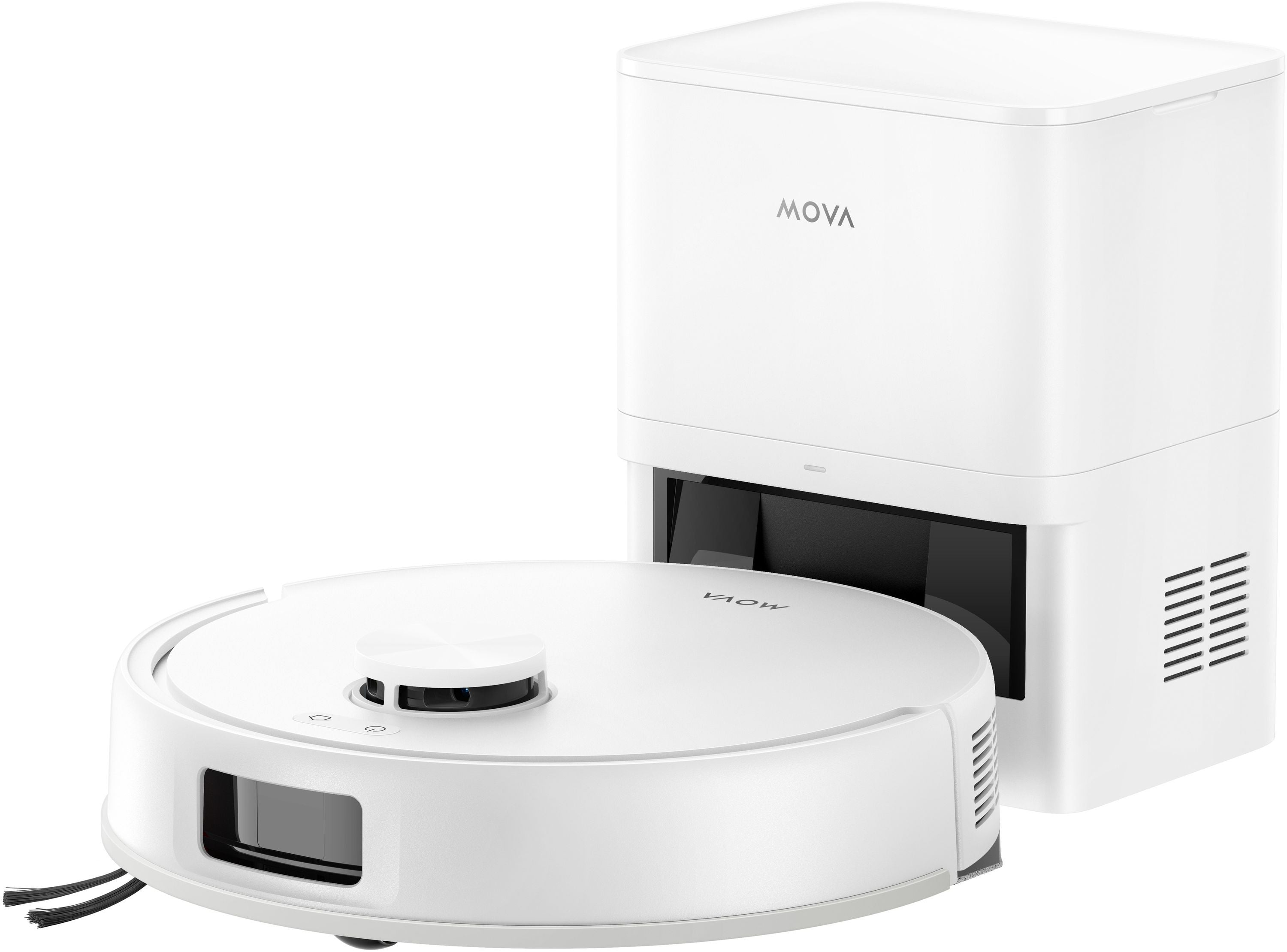 Biały robot sprzątający obok stacji ładującej i opróżniającej. Na stacji widnieje napis "MOVA".