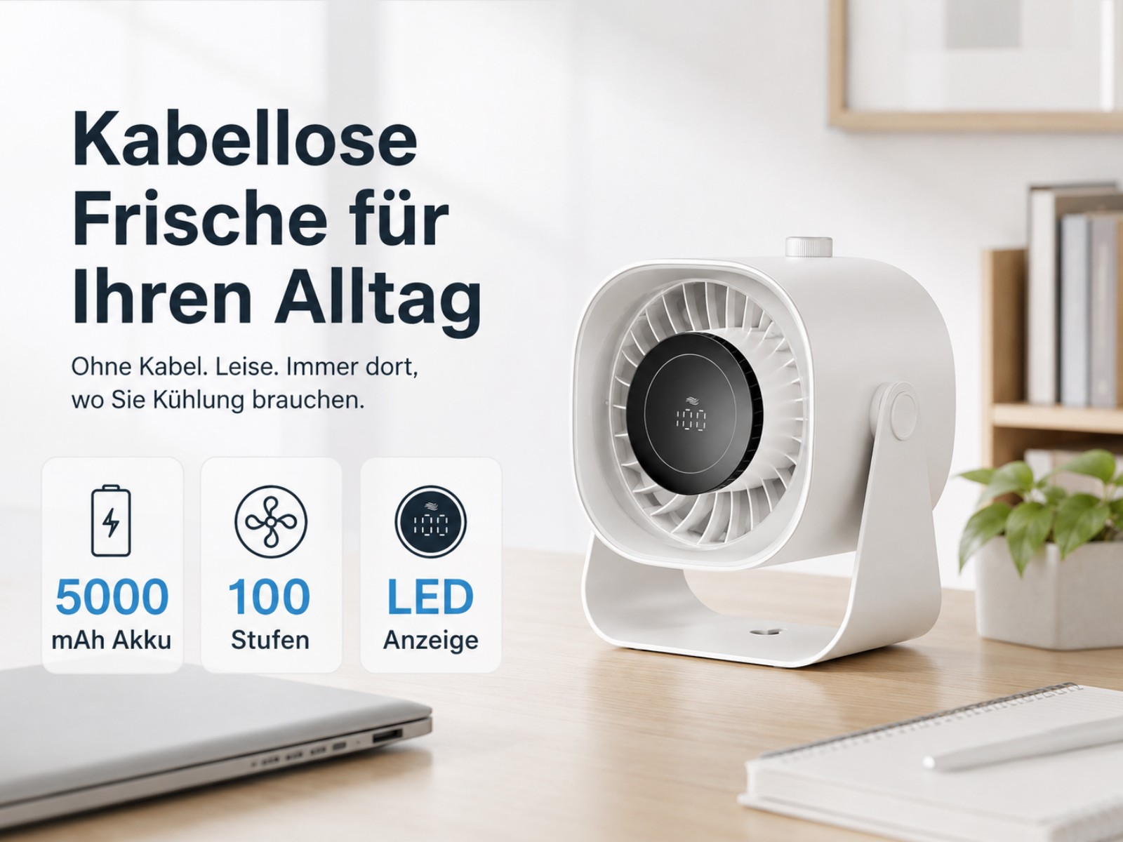 Ein weißer, kabelloser Ventilator mit LED-Anzeige steht auf einem Schreibtisch.