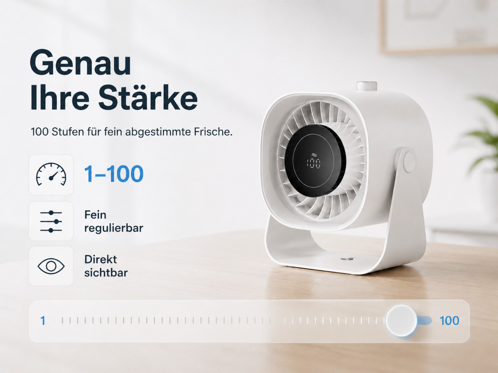 Ein weißer Ventilator mit digitaler Anzeige und Regler für 100 Stufen.