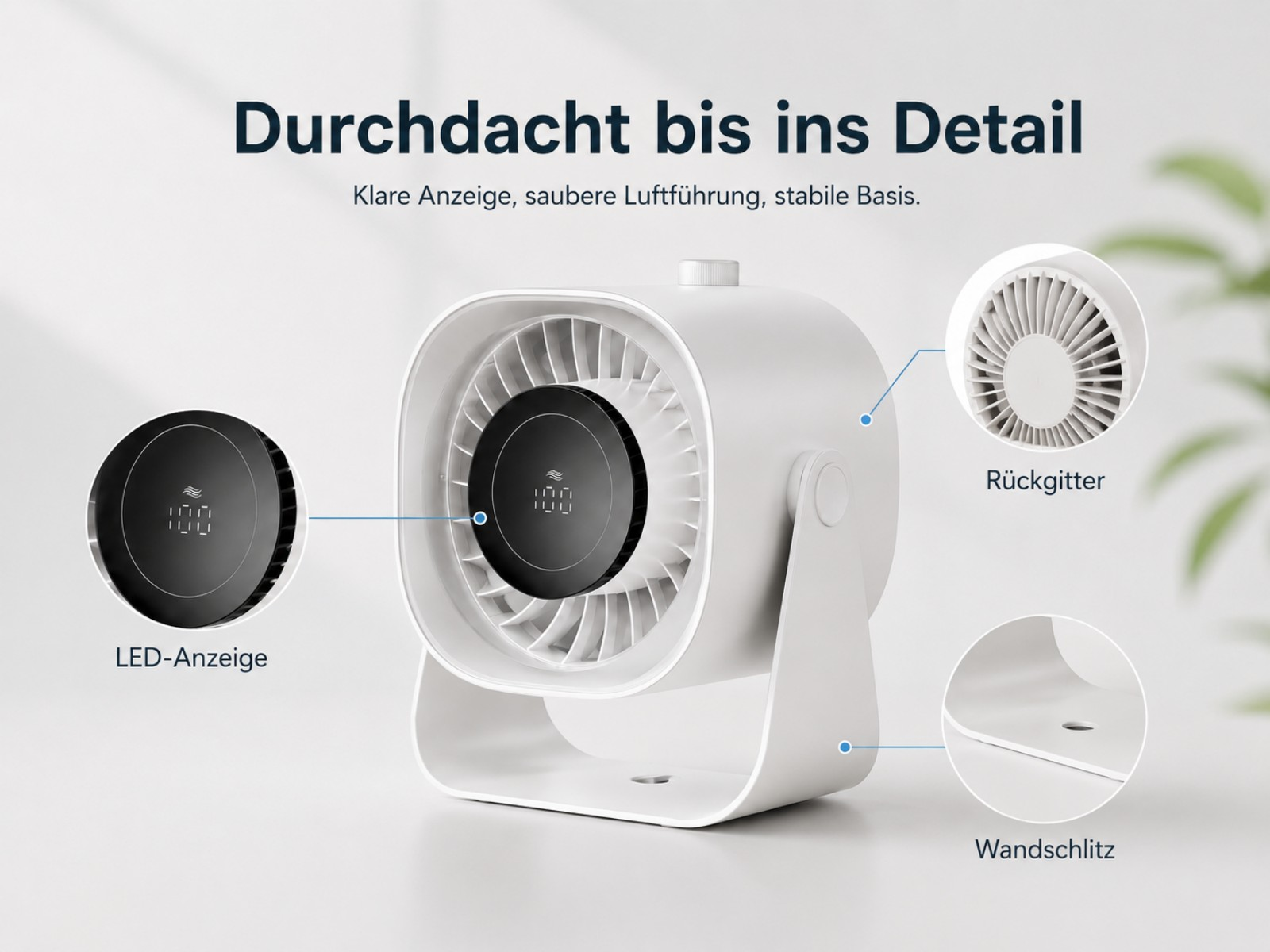 Ein weißer Ventilator mit LED-Anzeige und Rückgitter, der an einer Wand montiert werden kann.