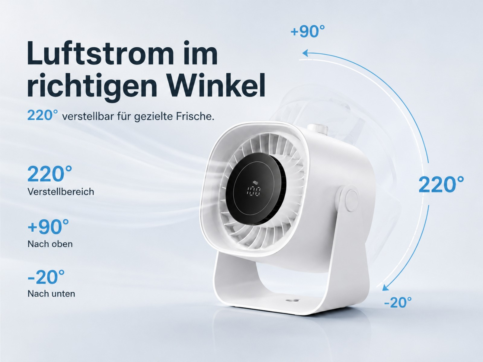 Ein weißer Ventilator mit digitaler Anzeige, verstellbar um 220°.