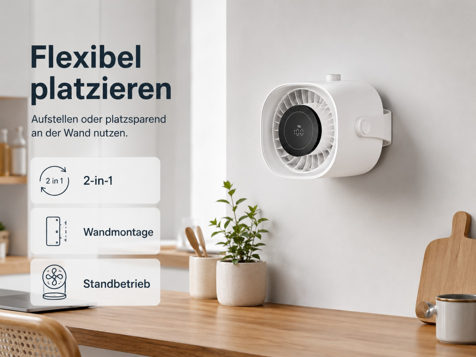 Weißes Gerät an Wand montiert, mit schwarzem Display. Flexibel platzierbar.