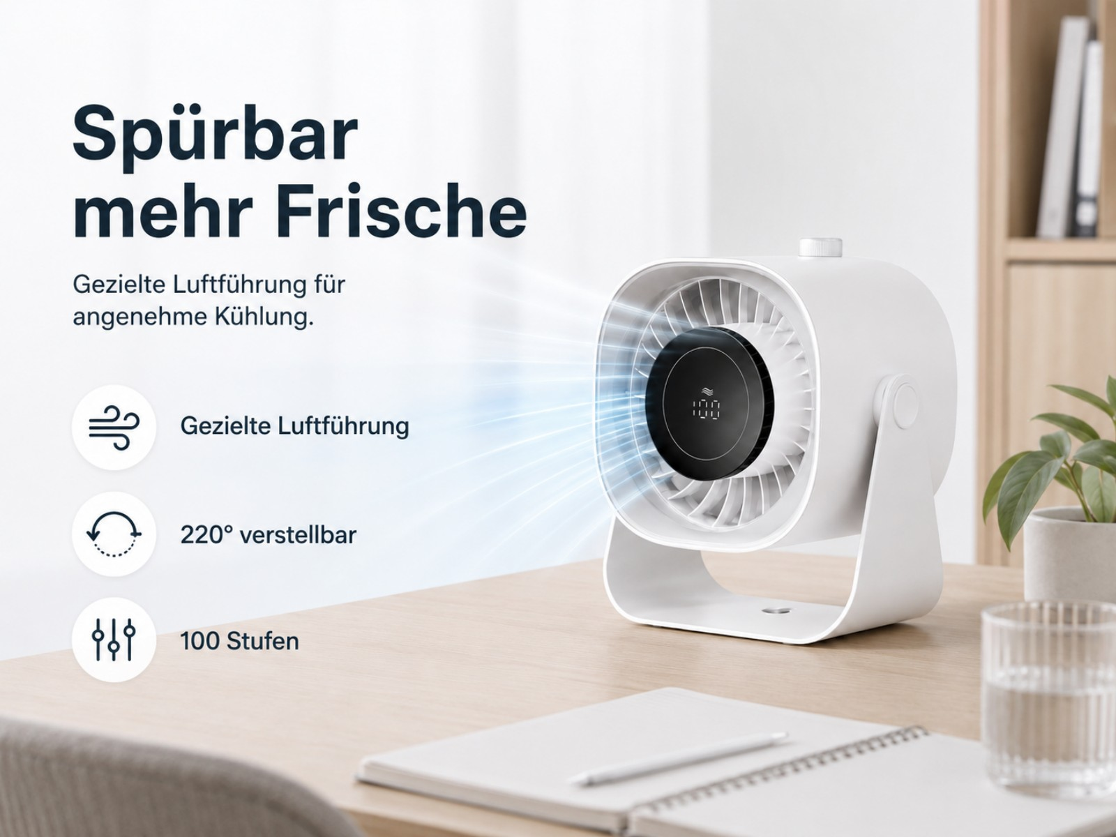 Ein weißer Ventilator steht auf einem Schreibtisch, mit Luftstrom-Symbolen.