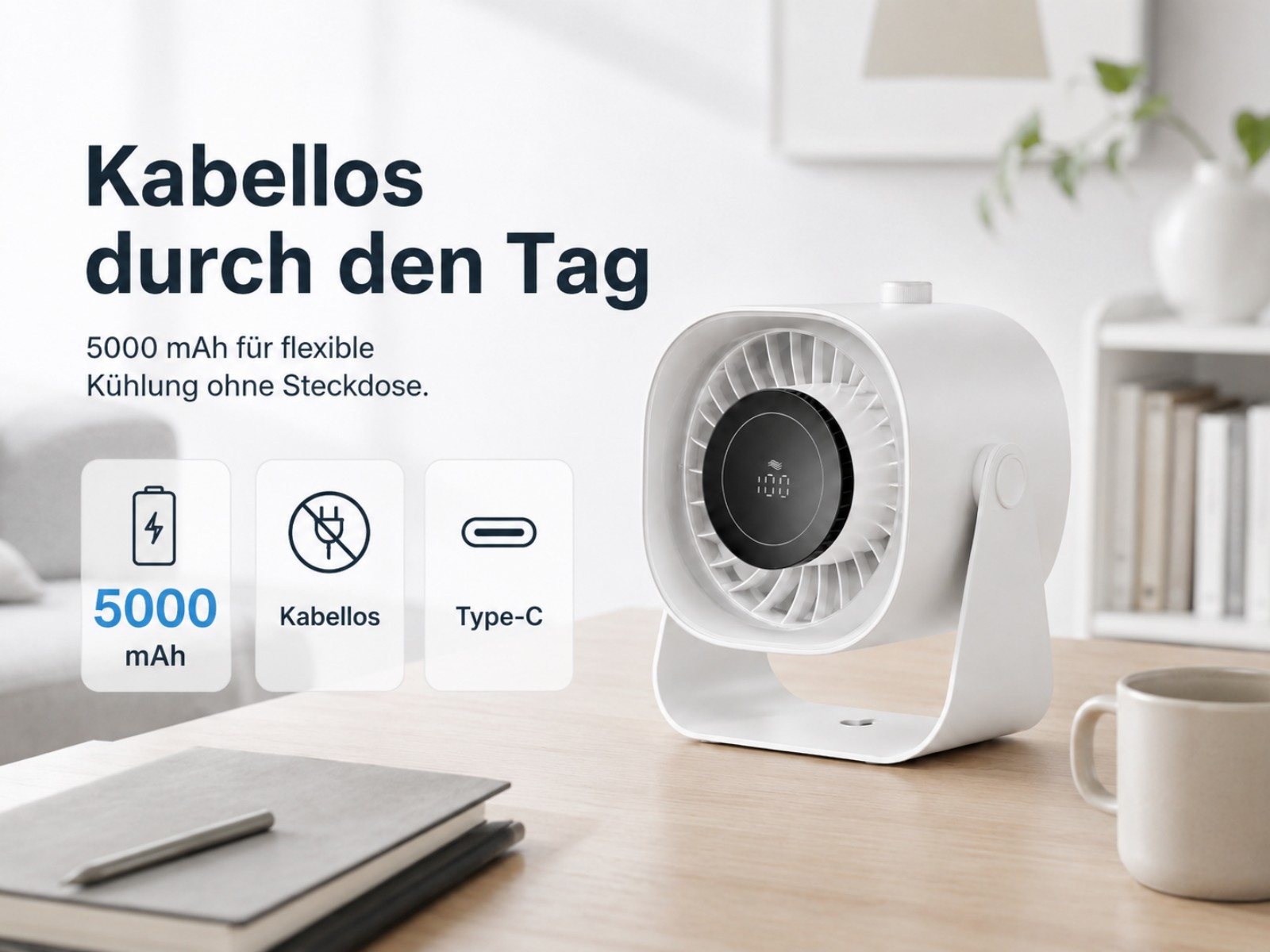Ein weißer, tragbarer Lüfter mit 5000mAh Akku und Type-C-Anschluss.